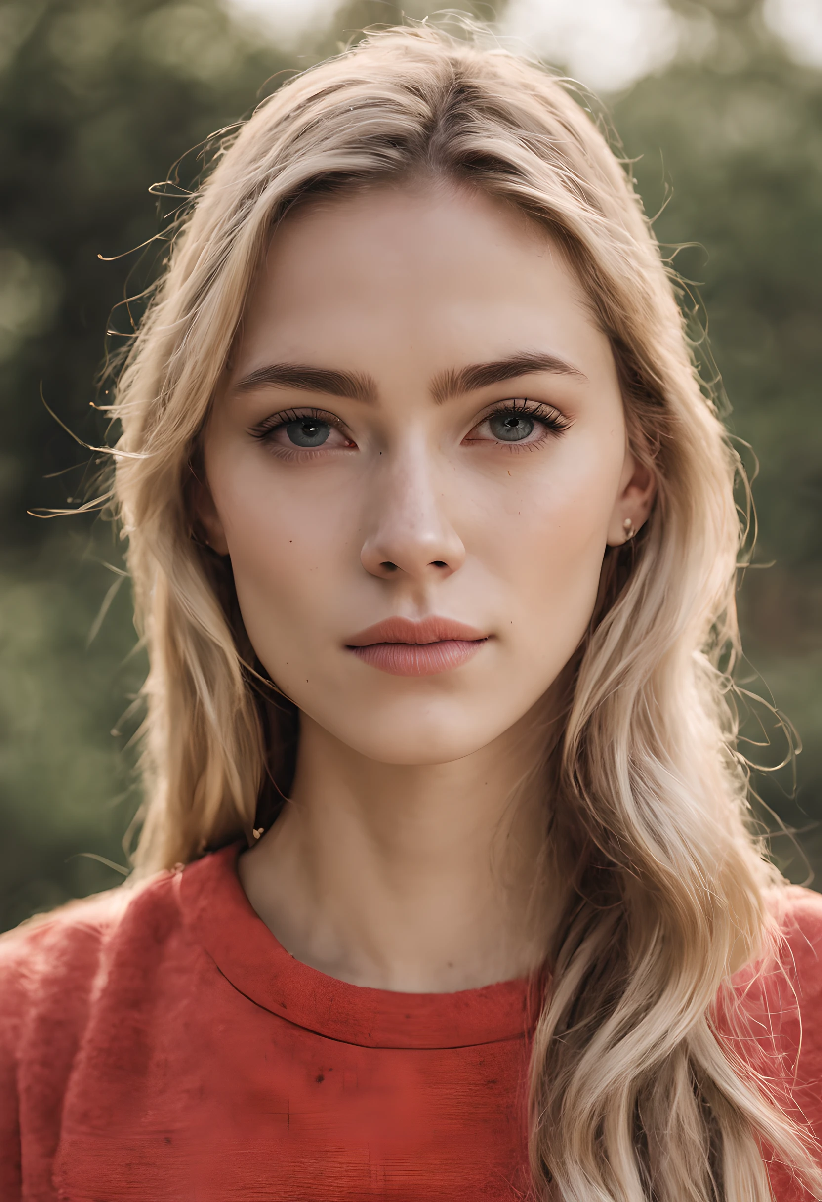 RAW photos, Portrait of a beautiful blonde wearing a red shirt (highdetailskin:1.2), 8k ultra high definition, SLR camera, gentlesoftlighting, high high quality, filmgrain, XT3 upper body, Cute face, Line of sight height, focused on the eyes, There is mottled light on the face, pale-skinned, and makeup, Detailed face and eyes, Natural skin texture, highlydetailed skin, ctextured skin, skin pore, shiny skin、Radiant hair, skin blemish, Imperfect skin, Intricate skin details, Skin details are clearly visible, Detailed skin texture, sub surface scattering, The face is red, Some freckles, A few moles, goosebumps, minor skin blemishes, skin pore, wrinkles, vitiligo spots, bald, blackheads, White papules, red papules, Beauty spots, skin fuzz, Excellent and attentive student, detailed iris, The eyebrows are thin