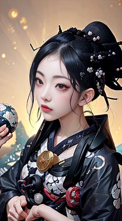 Barefoot woman(30-years old) , (strongly tanned skin:1.7)、 (White hair)、(Samurai style black and gold kimono:1.0)、(dual wielding shoulders, Double eyelids, Parted lips,Solo,(cleavage)、delicate and sexy(鎖骨:1.3), (Shiny skin:0.8),(masutepiece:1.4),(Best Quality:1.4),glossy red lips, Perfect Abs, Wet(full of sweat)、low angle to bottom angle), High detailed skin, Skin pores,(Katsushika Hokusai-style light background:1.5)