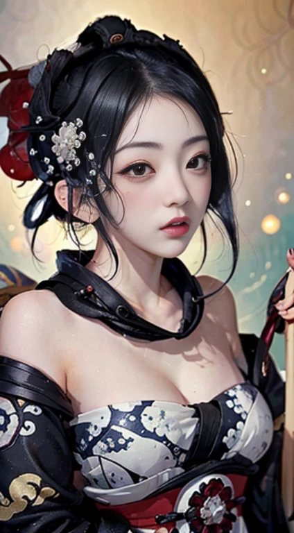 Barefoot woman(30-years old) , (strongly tanned skin:1.7)、 (White hair)、(Samurai style black and gold kimono:1.0)、(dual wielding shoulders, Double eyelids, Parted lips,Solo,(cleavage)、delicate and sexy(鎖骨:1.3), (Shiny skin:0.8),(masutepiece:1.4),(Best Quality:1.4),glossy red lips, Perfect Abs, Wet(full of sweat)、low angle to bottom angle), High detailed skin, Skin pores,(Katsushika Hokusai-style light background:1.5)