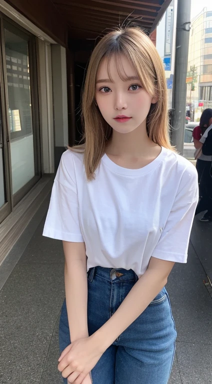 finely detail, hight resolution, hightquality、Perfect dynamic composition, Beautiful detailed eyes, a blond、Medium Hair、Natural Color Lip,Kamimei、Shibuya、20 years girl、1 persons、Transparent skin、Glowing hair、masutepiece, Best Quality, Ultra-detailed, finely detail, hight resolution, 8K、The correct state of the human body、crouching down、Gravure Model Pose,Photographed with hair fluttering in the wind,((White Oversized Y-Shirt:1.5,Don't wear pants:1.5,))