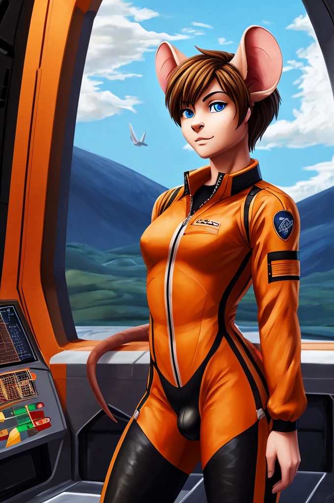 Mouse boy, hide ears, very feminine features, thin lithe feminine body, very small chest, pixie-cut hair, mouse ears, mouse tail, blonde-brown hair and blue eyes, Dressed in orange and black sci-fi leather pilot suit, cropped jacket, tight shirt, very large bulge in pants.  ((masterpiece)) (best quality, masterpiece)
Setting: Space station