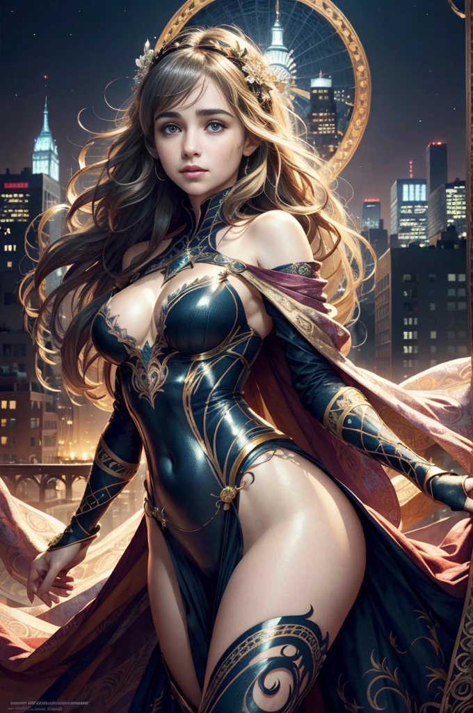 Highly detailed eyes、nase、Beautiful work々eyes and face、Beautifully dressed girl with long eyelashes and two skirts、sexy pose、Bright background、Night view of the city、super realistic studio light, Colorful and mysterious atmosphere、Awesome concept art、Alphonse Mucha's Art Style、Soft and warm colors、Soft lighting、tome'tome'tome'tome'tome'tome'tome'tome'tome'tome'It's a mysterious atmosphere。,This scene is、Emilia Clarke with a beautiful night view of New York in the background、wearing a torn spiderman suit、I drew her standing in a sexy pose......、This is Alphonse Mucha、It is an abstract realistic painting with intricate and intricate details..。.。