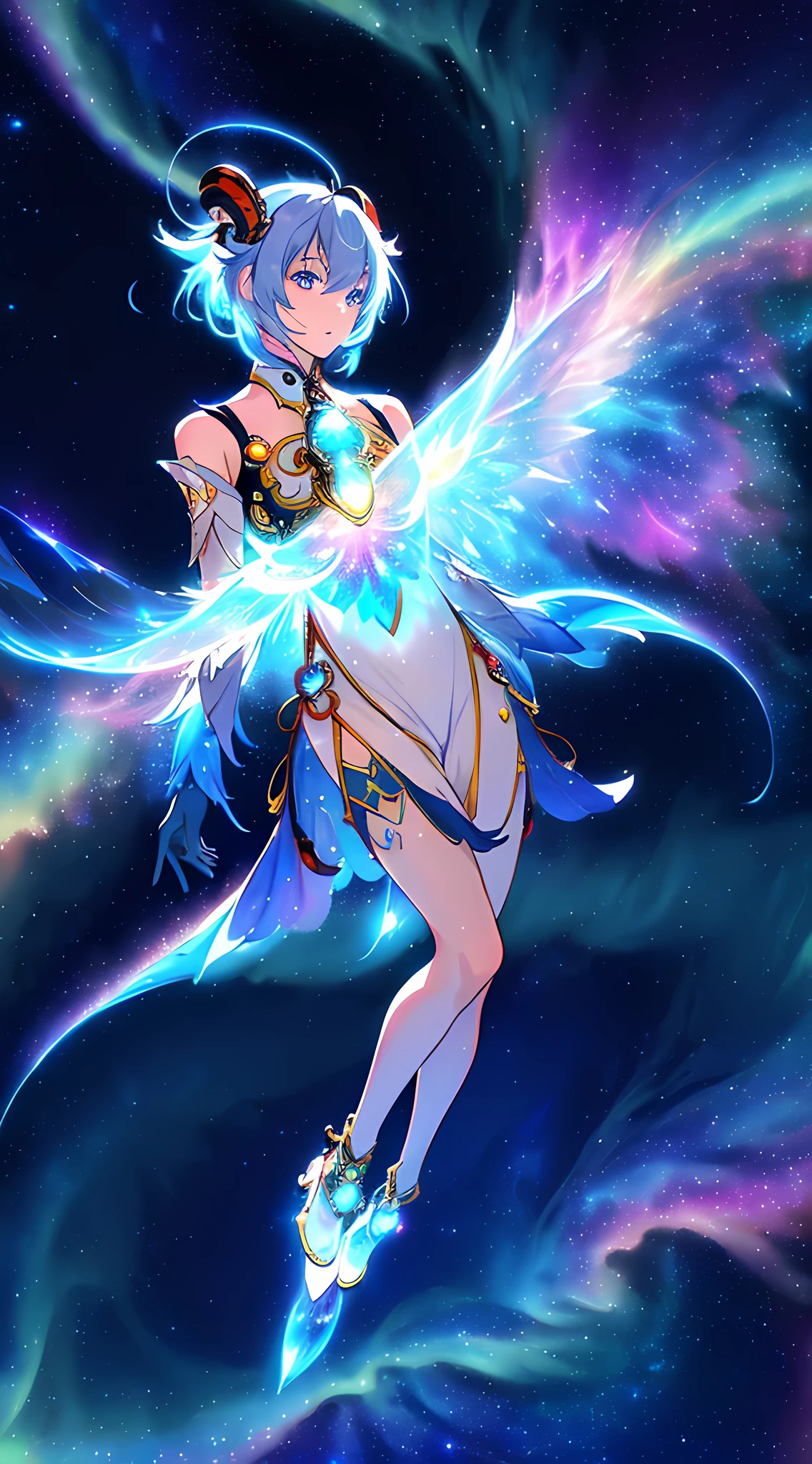 Ganyu, character from Genshin Impact, celestial beauty, surrounded by glowing cryo energy, floating above a celestial platform amidst a starry night sky, (celestial:1.3) (ethereal:1.2) (aurora borealis) (galactic) (shimmering) (transcendent) (nebula) (illuminating) (magical ambiance) (radiant) (spectral lights) (flowing robes).