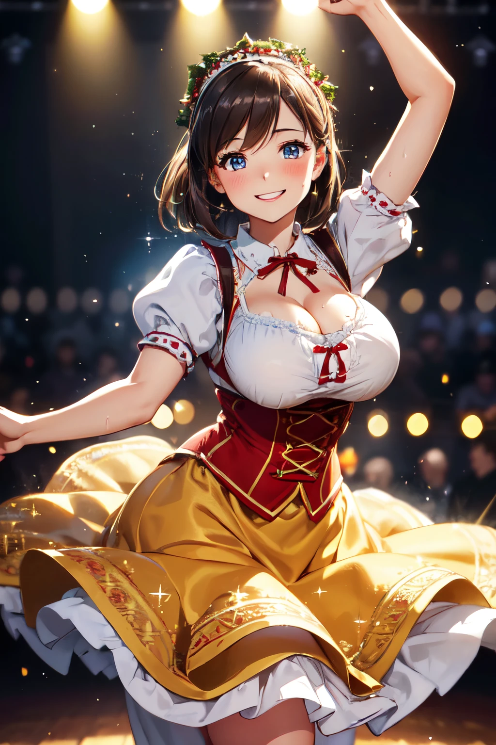 (High quality, High resolution, Fine details), Realistic, woman dancing in dirndl costume, traditional Bavarian dress, twirling skirt, festive celebration, traditional dance steps, happy celebration, lively music, joyful dance, bokeh, solo, curvy women, sparkling eyes, (Detailed eyes), smile, blush, Sweat, Oily skin, shallow depth of field