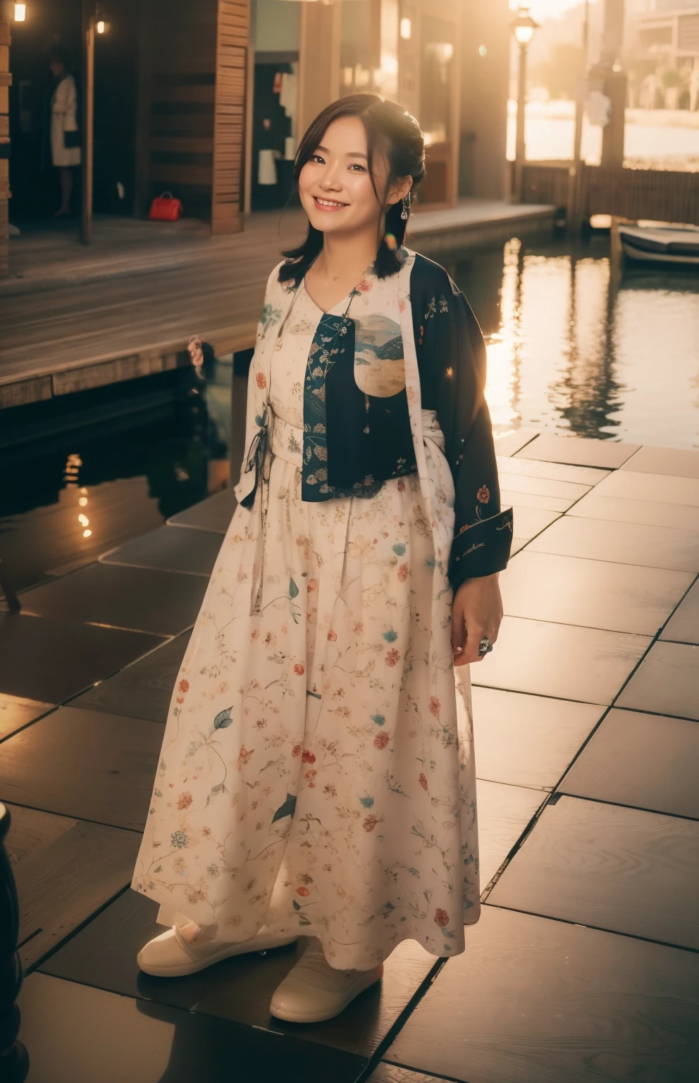 30 years girl、Kimono、realistic face realistic background Beautiful pattern、A slight smil、sea、sparklereautuful Women、((top-quality、8K、​masterpiece：1.3))、foco nítido：1.2、An ultra-high picture quality、top-quality、​masterpiece、natural soft light、the setting sun
