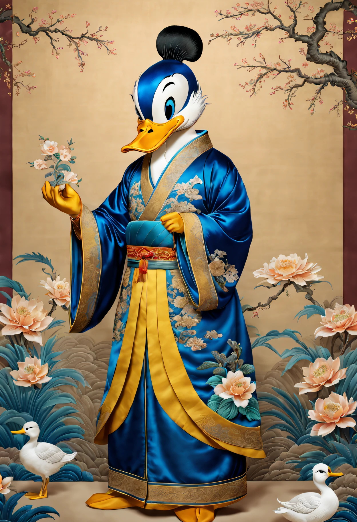 (Best quality at best,A high resolution:1.2),actual,Embroidered artwork,Tang dynasty style,Exquisite colors,Tang Dynasty Patterns,[Silk fabric],Meticulous embroidery,meticulous stitching,[Donald Duck in traditional Chinese costume],[Vibrant blue and yellow shades],[soft and warm lighting],[Golden wire],[Intricate floral pattern craftsmanship],[true performance],[Tang Dynasty Aesthetics],[Subtle shadows],[ornate border],[Complicated details，attention to texture],[Lifelike depiction],[a masterpiece of art],[traditional chinese art],[rich cultural heritage]