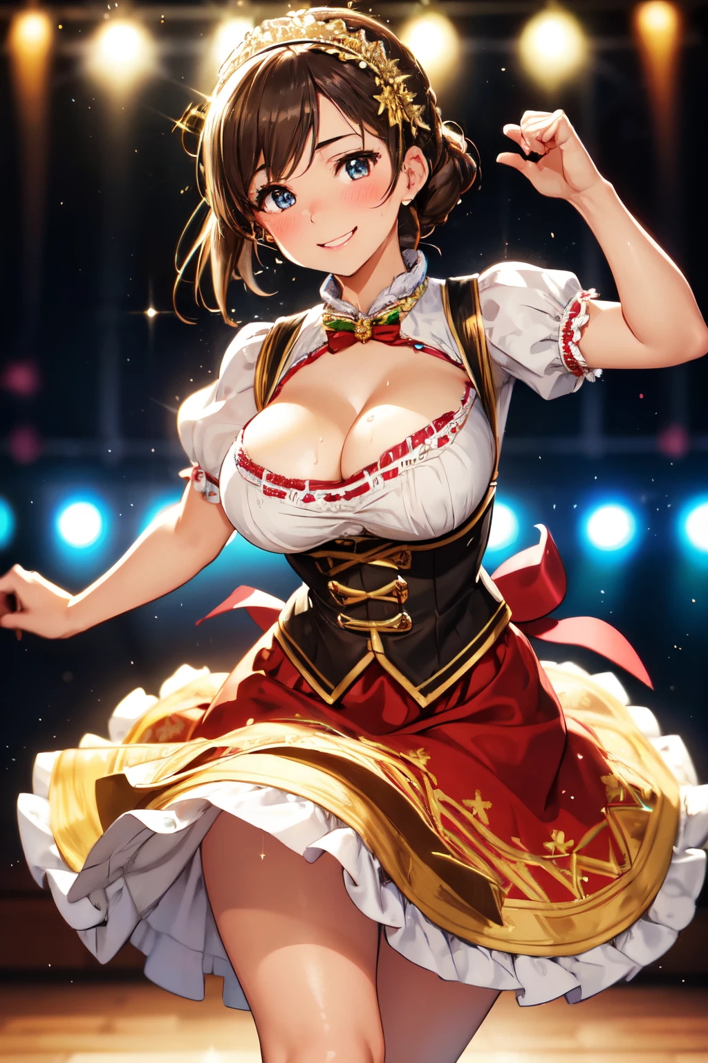 (High quality, High resolution, Fine details), Realistic, woman dancing in dirndl costume, traditional Bavarian dress, twirling skirt, festive celebration, traditional dance steps, happy celebration, lively music, joyful dance, bokeh, solo, curvy women, sparkling eyes, (Detailed eyes), smile, blush, Sweat, Oily skin, shallow depth of field