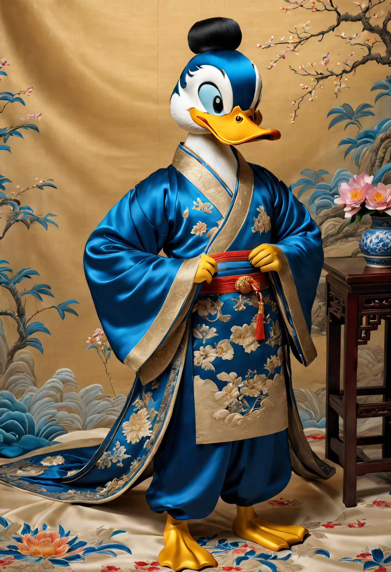 Embroidery Donald Duck on silk,(Best quality at best,A high resolution:1.2),actual,Embroidered artwork,Tang dynasty style,Exquisite colors,Tang Dynasty Patterns,[Silk fabric],Meticulous embroidery,meticulous stitching,[Donald Duck in traditional Chinese costume],[Vibrant blue and yellow shades],[soft and warm lighting],[Golden wire],[Intricate floral pattern craftsmanship],[true performance],[Tang Dynasty Aesthetics],[Subtle shadows],[ornate border],[Complicated details，attention to texture],[Lifelike depiction],[a masterpiece of art],[traditional chinese art],[rich cultural heritage]