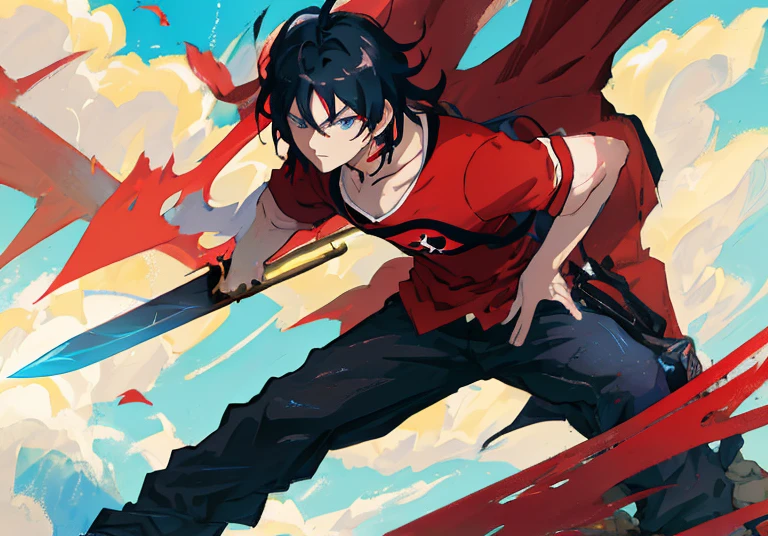 anime character with sword and red shirt in front of a blue sky, handsome guy in demon slayer art, badass anime 8 k, key anime art, high quality fanart, jett from valorant, by Yang J, demon slayer artstyle, demon slayer rui fanart, epic anime style, highly detailed exquisite fanart, detailed fanart, handsome anime pose, official art, make him girl