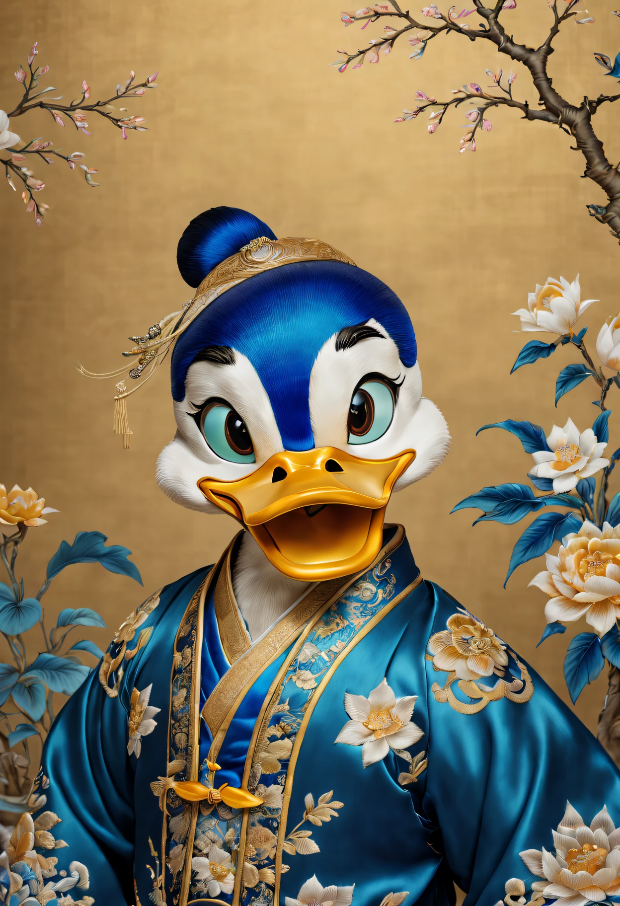 Embroidery Donald Duck on silk,(Best quality at best,A high resolution:1.2),actual,Embroidered artwork,Tang dynasty style,Exquisite colors,Tang Dynasty Patterns,[Silk fabric],Meticulous embroidery,meticulous stitching,[Donald Duck in traditional Chinese costume],[Vibrant blue and yellow shades],[soft and warm lighting],[Golden wire],[Intricate floral pattern craftsmanship],[true performance],[Tang Dynasty Aesthetics],[Subtle shadows],[ornate border],[Complicated details，attention to texture],[Lifelike depiction],[a masterpiece of art],[traditional chinese art],[rich cultural heritage]