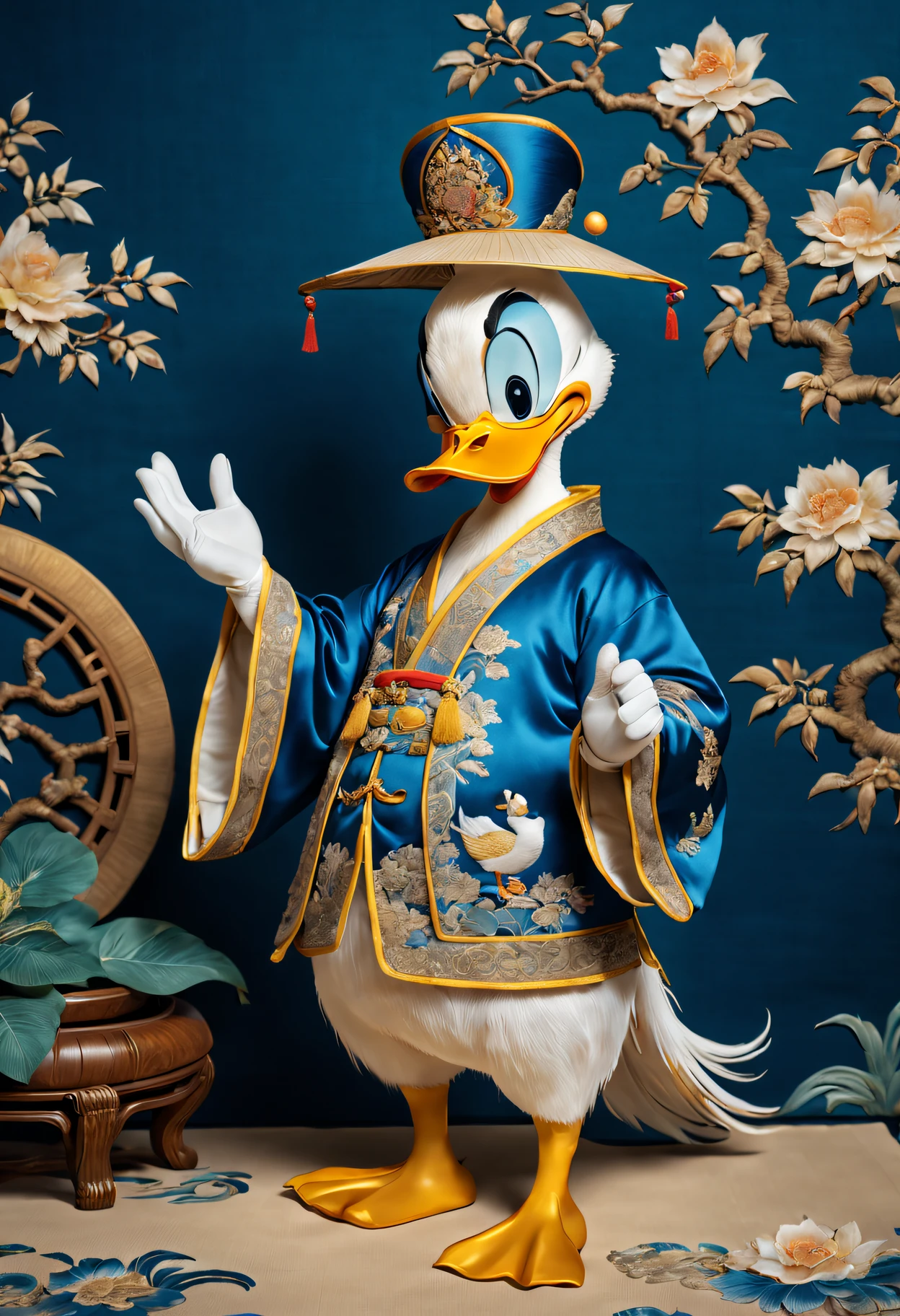 Embroidery Donald Duck on silk,(Best quality at best,A high resolution:1.2),actual,Embroidered artwork,Tang dynasty style,Exquisite colors,Tang Dynasty Patterns,[Silk fabric],Meticulous embroidery,meticulous stitching,[Donald Duck in traditional Chinese costume],[Vibrant blue and yellow shades],[soft and warm lighting],[Golden wire],[Intricate floral pattern craftsmanship],[true performance],[Tang Dynasty Aesthetics],[Subtle shadows],[ornate border],[Complicated details，attention to texture],[Lifelike depiction],[a masterpiece of art],[traditional chinese art],[rich cultural heritage]