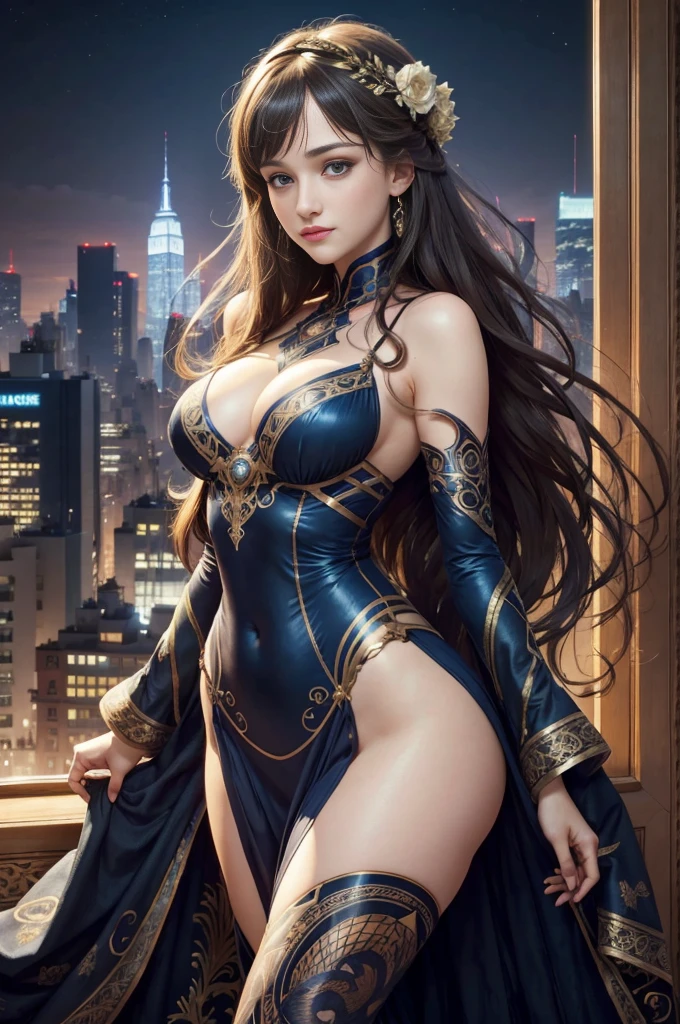 Highly detailed eyes、nase、Beautiful work々eyes and face、Beautifully dressed girl with long eyelashes and two skirts、????  pose、Bright background、Night view of the city、super realistic studio light, Colorful and mysterious atmosphere、Awesome concept art、Alphonse Mucha's Art Style、Soft and warm colors、Soft lighting、tome'tome'tome'tome'tome'tome'tome'tome'tome'tome'tome'It's a mysterious atmosphere。,This scene is、Kat Dennings with a beautiful night view of New York in the background、wearing a torn spiderman suit、I drew a figure standing in a ???? pose......、This is Alphonse Mucha、It is an abstract realistic painting with intricate and intricate details..。.。