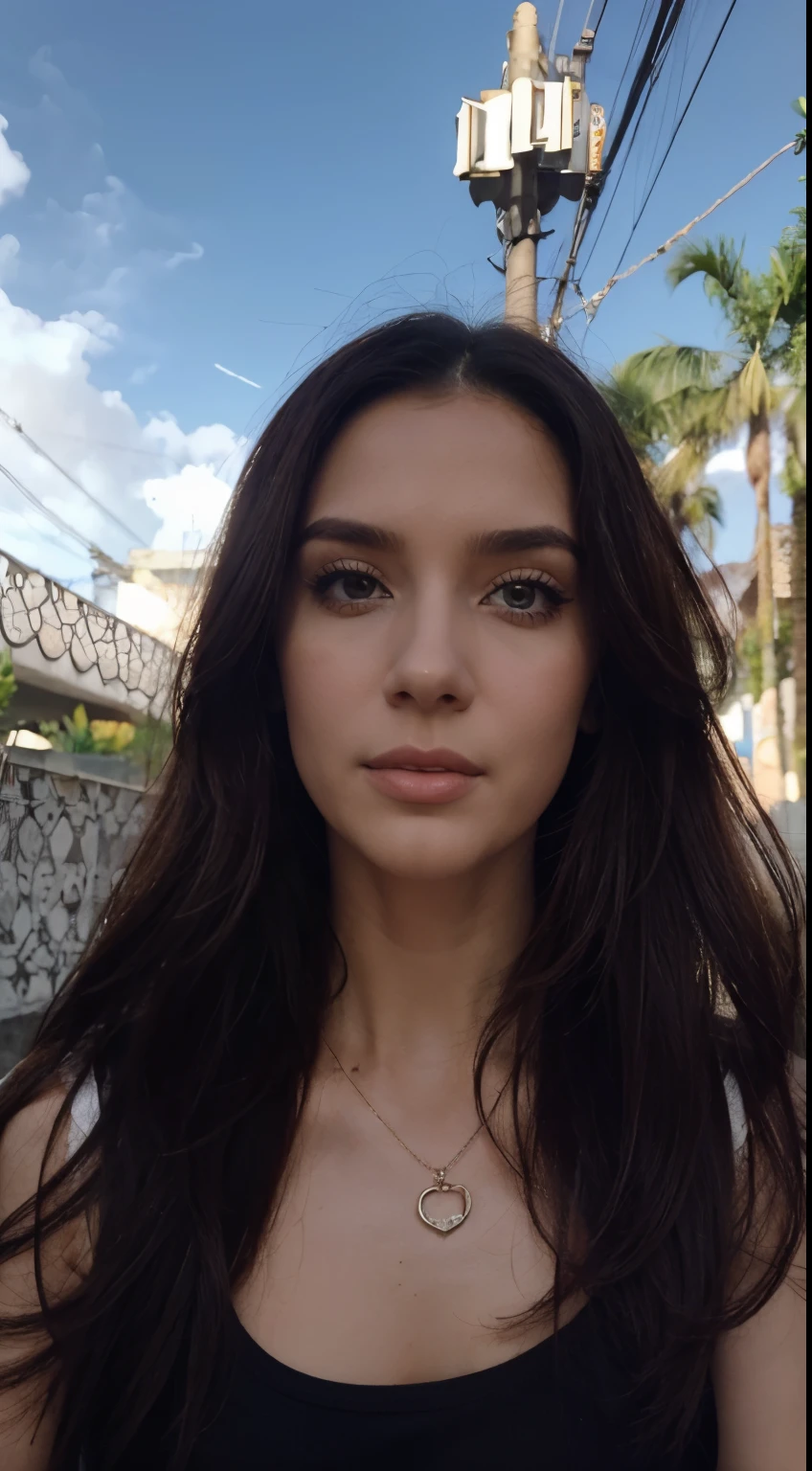 (obra prima, melhor qualidade), Beautiful woman, Detailed sleeveless turtleneck top, Pants, colar, cabelos ondulados, rosto perfeito, Rosto bonito, Sedutor, Grandes olhos bonitos, boca aberta, Feliz, Cuerpo Ajuste Slim Perfeito, (ao ar livre), Ruas da cidade, Nova Iorque, Cores brilhantes, estilo GTA