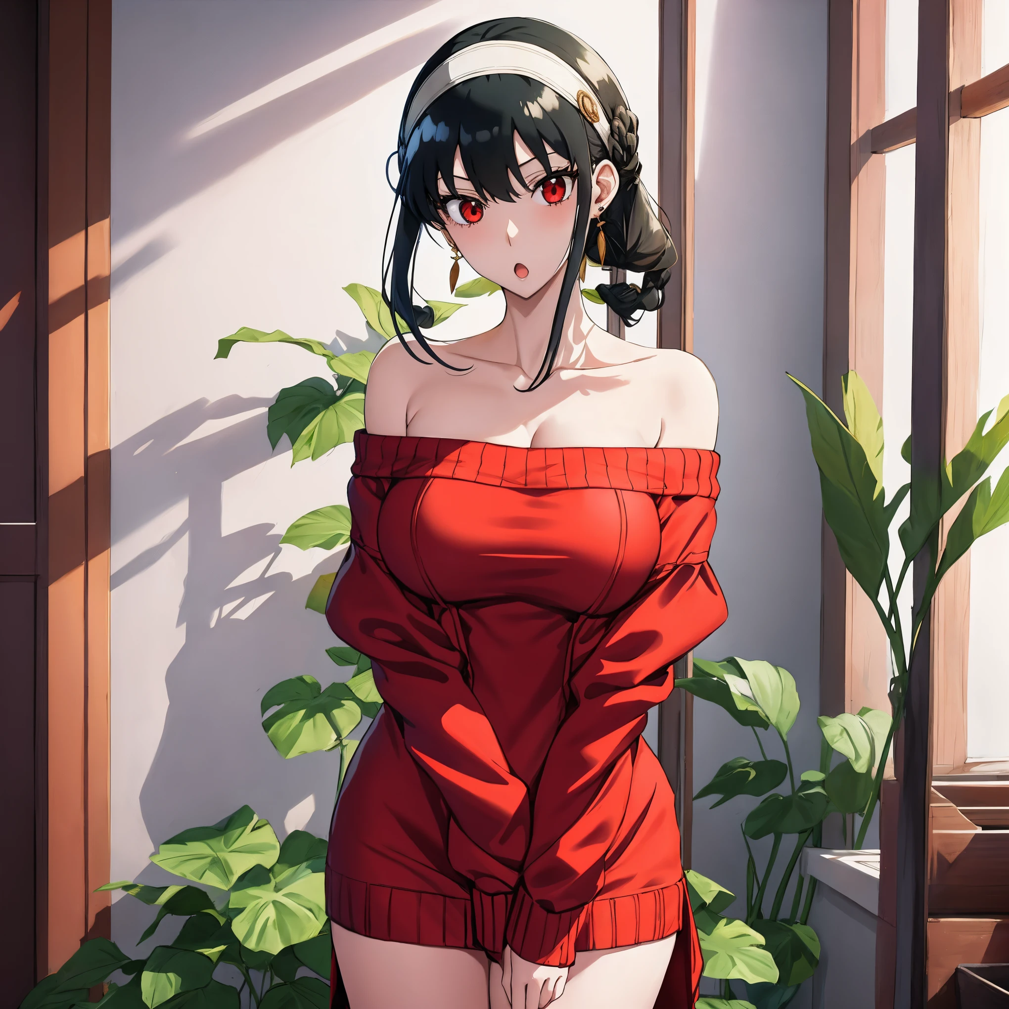 masutepiece, Yor, 1girl in, Solo, Looking at Viewer, Open mouth, Black hair, Red Eyes, Dress, Bare shoulders, Jewelry, 鎖骨, side locks, shairband, earrings, Indoors, off shoulders, :o, Sweaters, arms behind back, plant, short hair with long locks, white hairband, Off shoulder dress, sweater dress, off-the-shoulder sweater, Red Sweater, large side hair, Very long side hair,((Colossal tits：1.1))