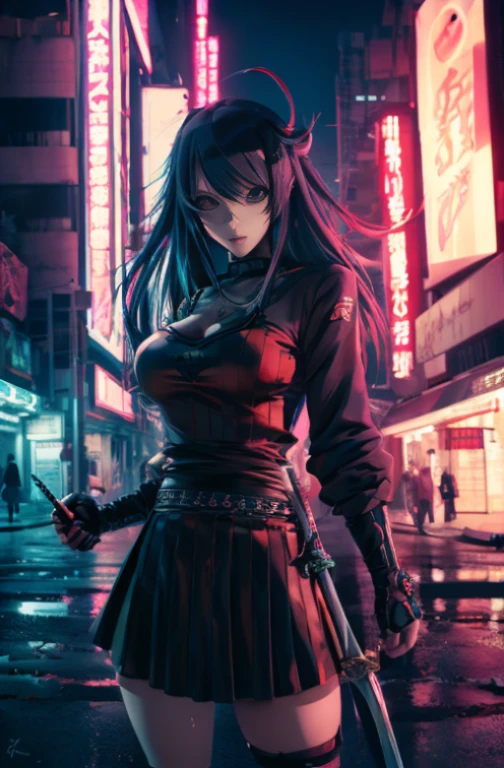 score_9, score_8_up, score_7_up, cyberpunk, whole body, (Orange skin:1.3) Dark black hair, Very long hair,,They are, Horn, (Large Breasts:1.2) , kimono, katana, (Muskyla:0.9), tall woman