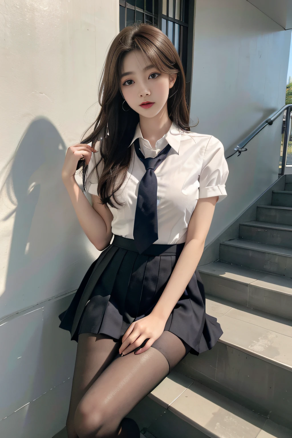 Korean School Uniform、Summer Uniform Shirts、Tight-fitting shirt、Ribbon Ties、skirt by the、Schools、stairs at school、Chest lifting pose、The focus is on the chest、Thin and large、8k RAW photo、hight resolution、18-year-old Korean、looking embarrassed、very large round breasts、intricate and fine details、long eyelasher、beautiful double eyelid、eyeshadows、eye line、elongated eyes、elongated eye shape、Sanpaku eyes are beautiful and thin, legit thin thighs、Random Shorthair、Tie your hair back、耳Nipple Ring、light brown hair、(Wear pantyhose)、Grab your knees,