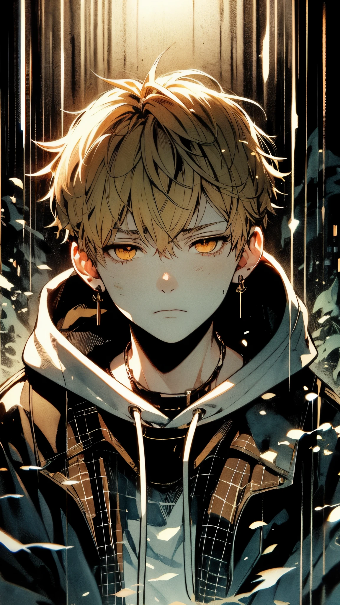 vertical, japanese anime style, Illustration, Gold-kun, age19, Cool, atmosphere of delinquency, short blonde hair, Orange Eyes, somber, melancholic mood, Sinking, abyss, introspective, Emotional turmoil, Dark, brooding, Despair, isolation, deep inner conflict, cringing, emotions, Abstract background, descent into darkness, Clear line drawing, Transparent watercolor, Clear shading, introspective, Troubled personality.