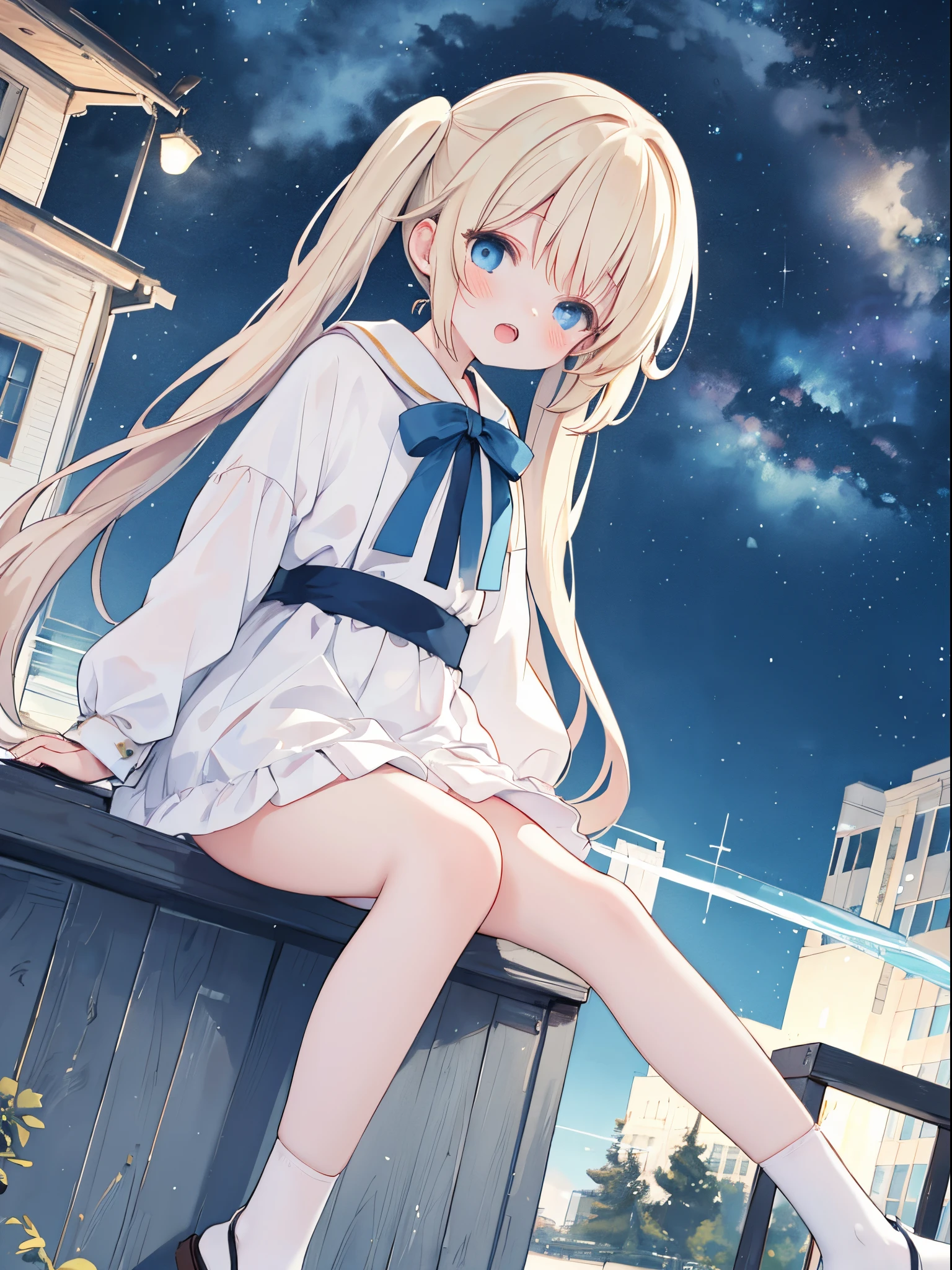 ((4K, ​master piece, Best Quality)), Cute little girl s,pale blond hair, Blue eyes,very long twintails,Laugh,double tooth,Closed eyes,Looking at Viewer,Lens Flare, octans, sky, star (sky), scenery, starry sky, night, 1girl, night sky, solo, outdoors, signature, building, cloud, milky way, sitting, tree