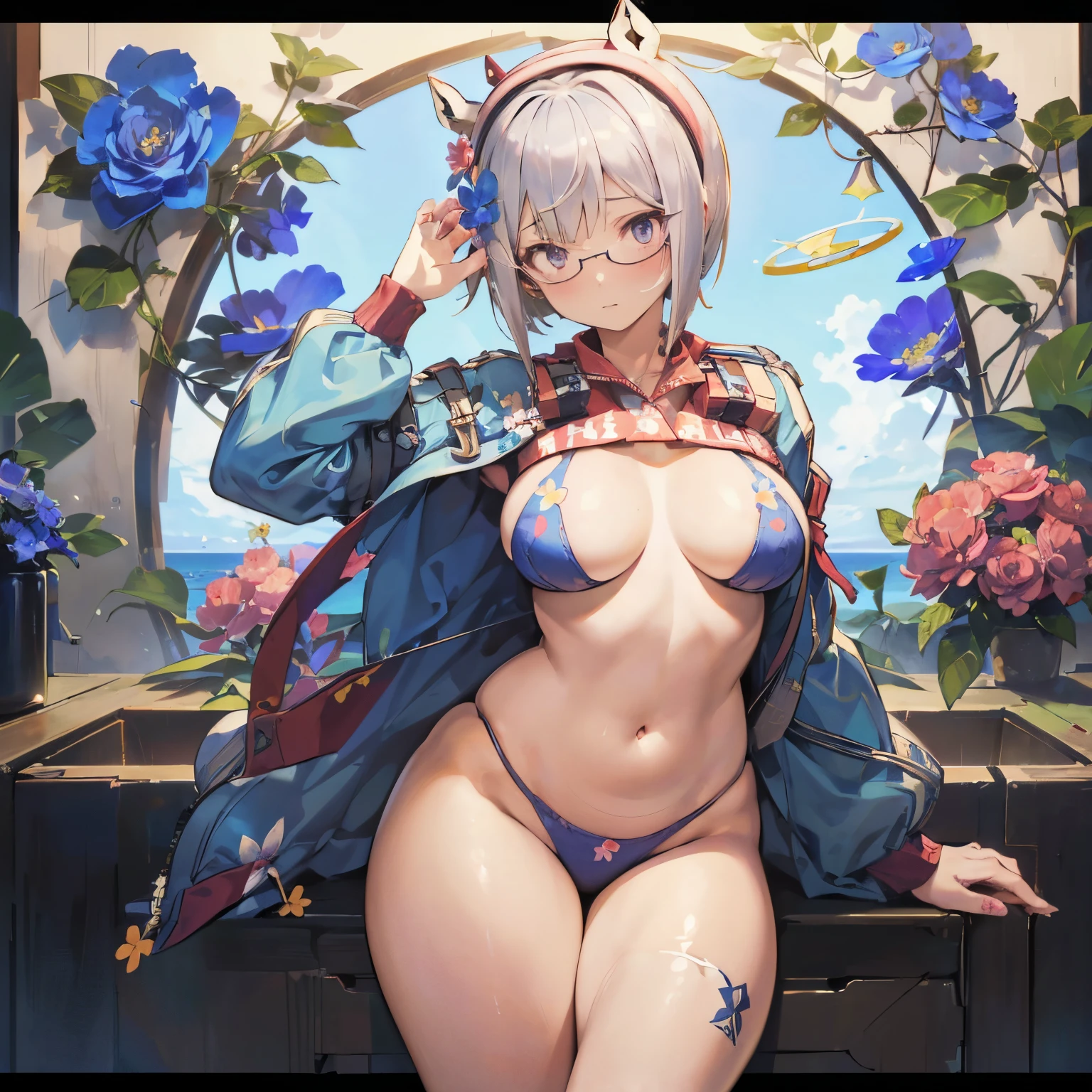 masutepiece,Best Quality,((((Very Shorthair)))),(age 22),(((She wears a blue flower hair ornament on her head..))),(((Very shy))),(Sober glasses),Solo,((White hair)),Blue Pupils,((very slender figure)),(slightly plump thighs)