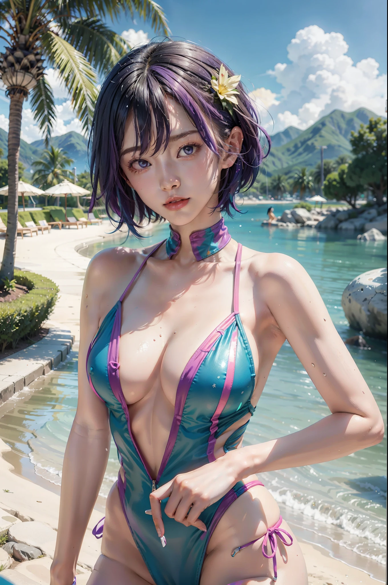 concept-art、Wearing a rainbow-colored swimsuit、short-hair、Fluorescent Purple Hair Tie、Equirectangular 360、Hi-Res、Official Art、Unity 8k壁纸、ultra-detailliert、aesthetic、masterpiece、top-quality、Photorealsitic