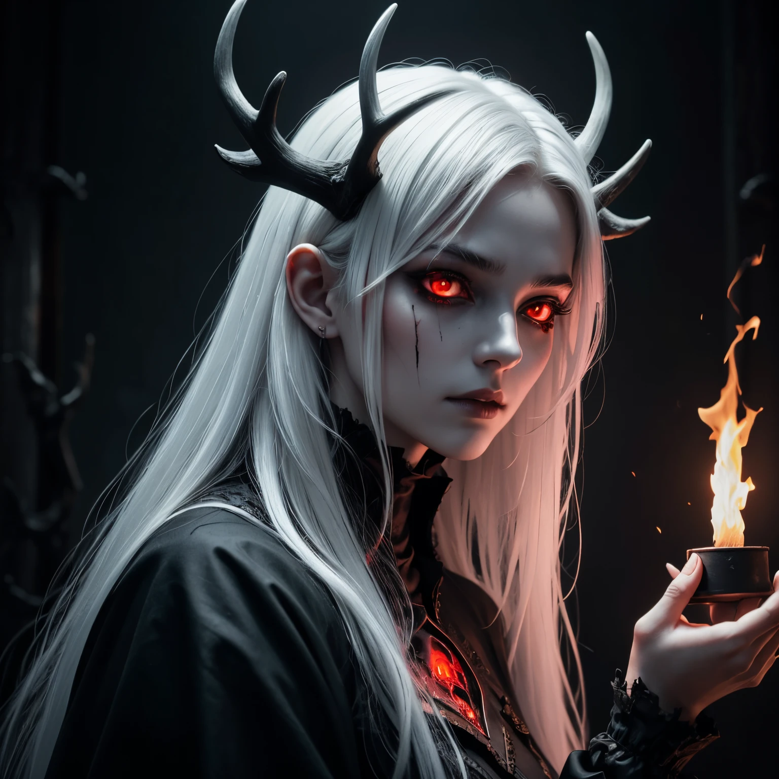 dark, unholy, evil, astral, creepy style, undead, rotting skin, mystical, nice perfect face with soft skin, young beautiful girl portrait on fire, from side, white smoke, mist, night, black clothes, long white hair, antlers, glowing red eyes, light red glow, fire