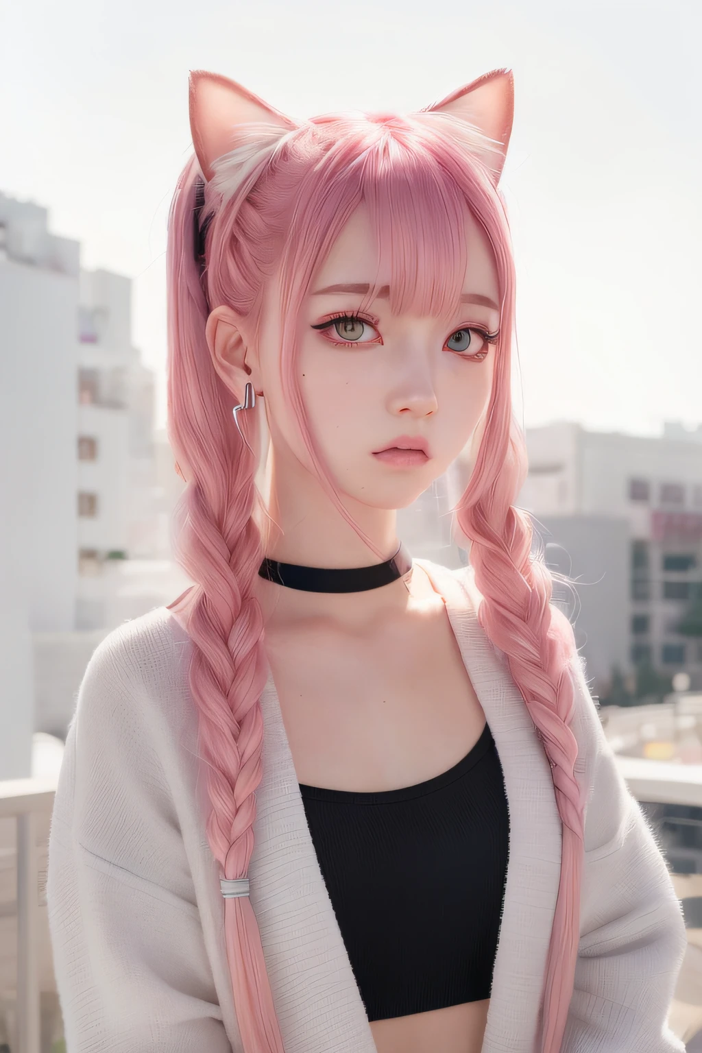 True humans,Girl with pink hair,Double ponytails tied up like cat ears,Cool emoticon,Paired with silver earrings, white face and black eyes, Guviz-style artwork, guweiz, inspired by Yanjun Cheng, in the art style of bowater, trending on artstration, Popular topics on cgstation, Realistic anime art style, Anime realistic style, Realistic anime art style, anime vibes, realism art style, Digital anime illustration