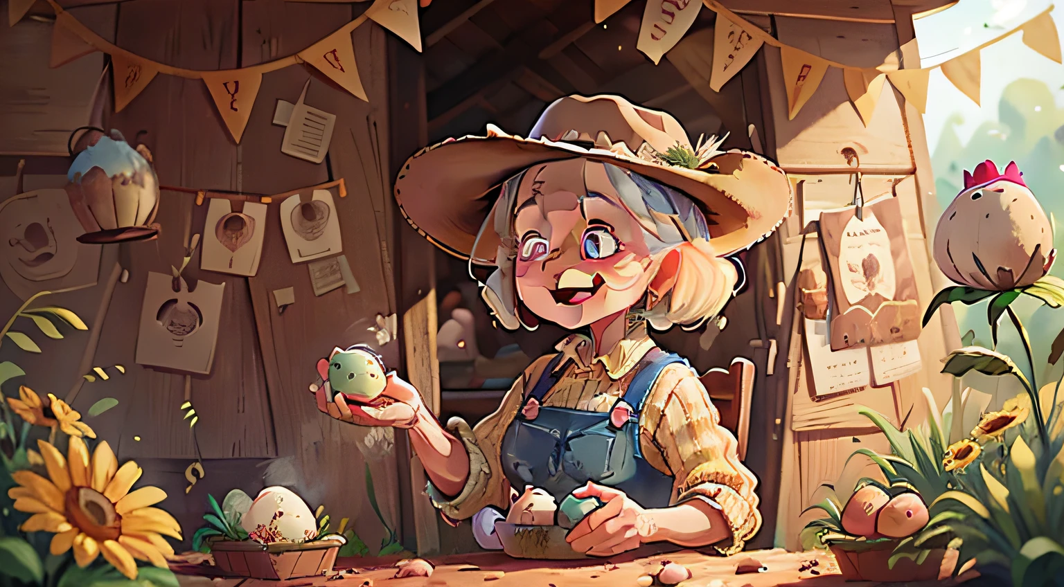 farmer grandmother wearing cowboy clothes, cowboy hat, (75 anos) em um galinheiro, pegando ovos, parecendo gentil, sorridente, corpo inteiro, holding eggs with perfect hands, rosto perfeito, rosto humano, corpo humano, estilo dos desenhos animados, (lugar escuro: 0.8) (Desordem - Casa: 0.8), (master part: 1.2) (Realistic: 1.2) (Bokeh) (best quality) (detalhes complexos) (8k) (foco nítido), (pele detalhada: 1.2), imagem perfeita, cute grandma