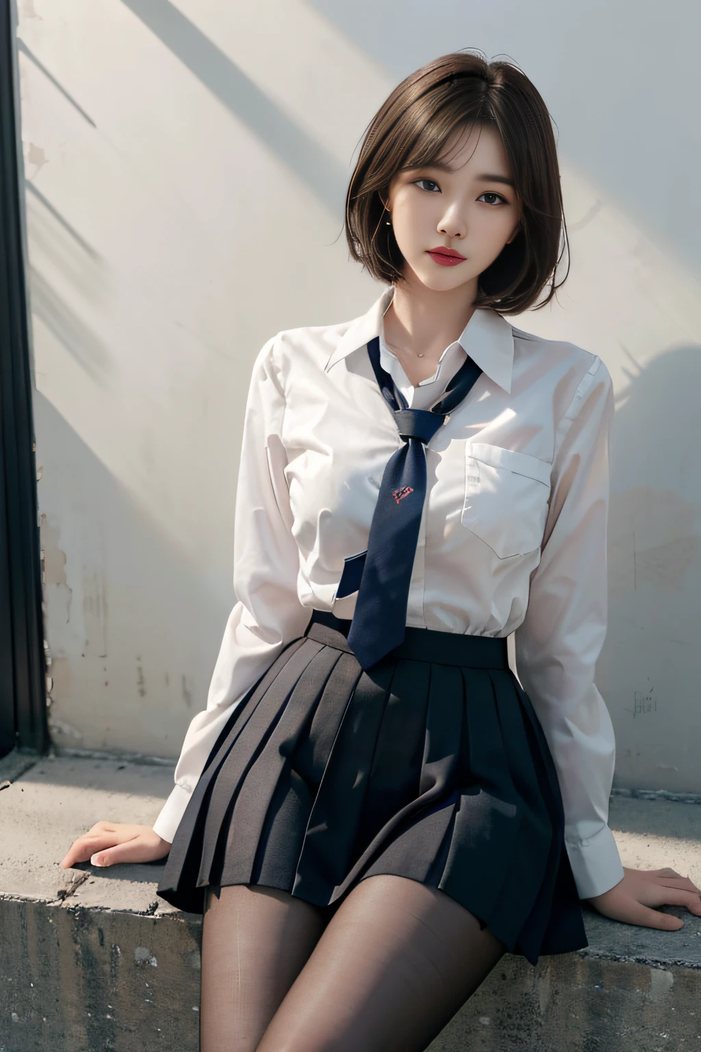 Korean School Uniform、Summer Uniform Shirts、Tight-fitting shirt、Ribbon Ties、skirt by the、Schools、stairs at school、Chest lifting pose、The focus is on the chest、Thin and large、8k RAW photo、hight resolution、18-year-old Korean、looking embarrassed、very large round breasts、intricate and fine details、long eyelasher、beautiful double eyelid、eyeshadows、eye line、elongated eyes、elongated eye shape、Sanpaku eyes are beautiful and thin, legit thin thighs、Random Shorthair、Tie your hair back、耳Nipple Ring、light brown hair、(Wear pantyhose)、Grab your knees，