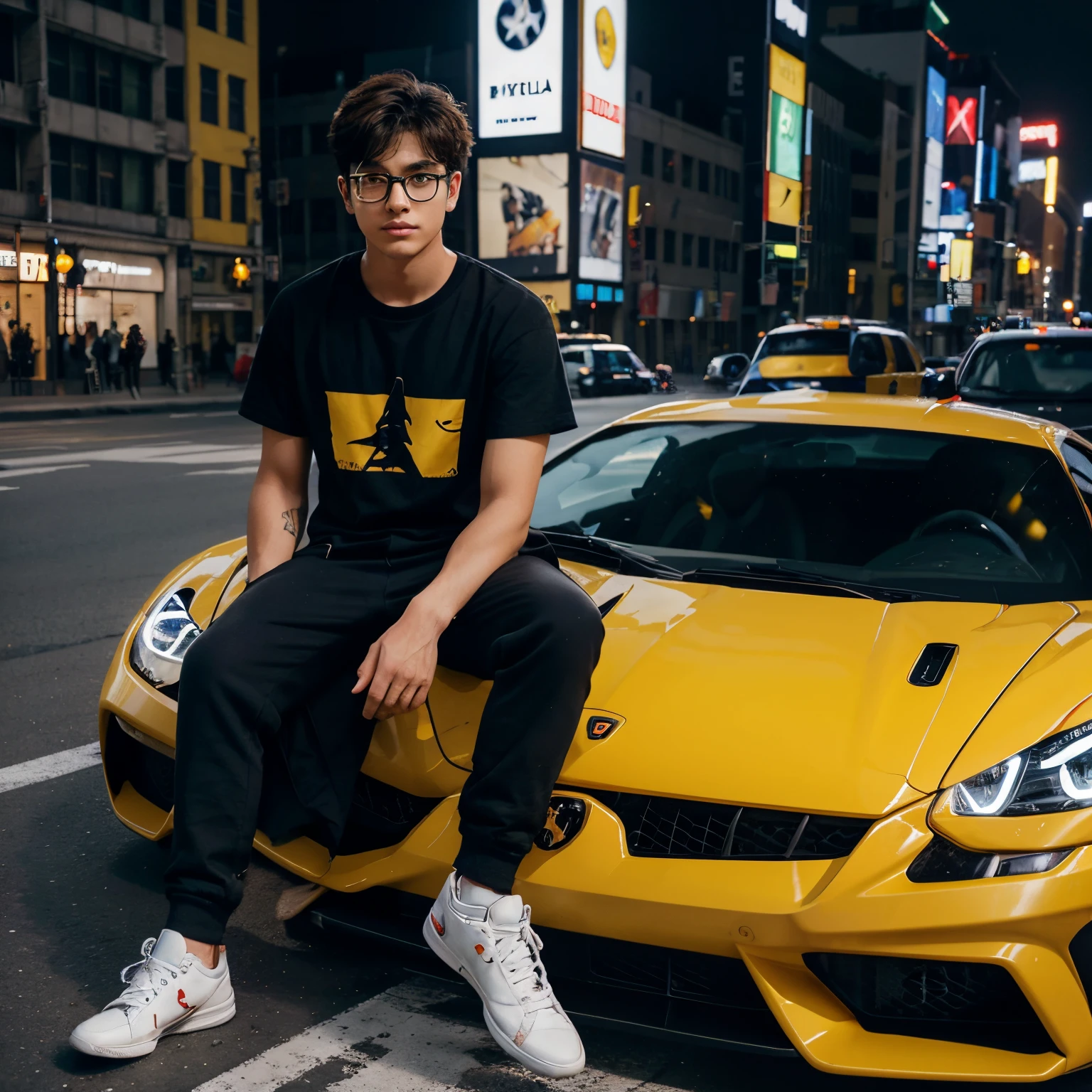 A ultra realistic 18 year old 4k anime boy.boy looking so cool with specs glasses with a black colour face mask.boy outfit yellow colour full hand t shirt pint on t shirt E letter boy pant black colour baggi pants with white colour converse shoes.boy sitting on his Lamborghini car.car colour yellow car standing background place new York City in night time with his 3  best boy friends