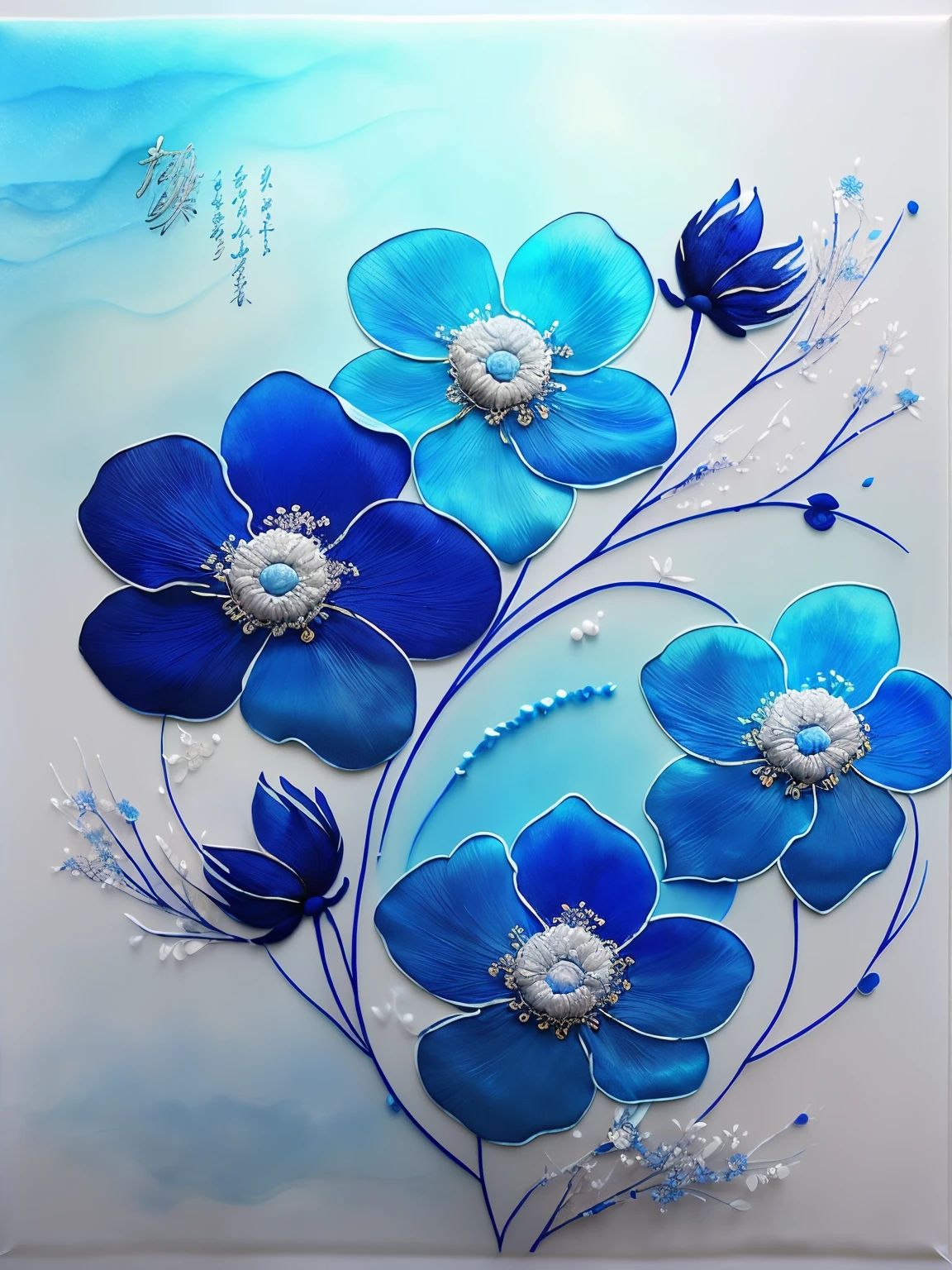 (There is a blue Suzhou embroidery photo on the wall）,blue white petals, Silk material embroidery,  Inspired by Yao Jianping’s Su embroidery worklue dream： Translucent，opulent,painting on silk, alcohol ink art