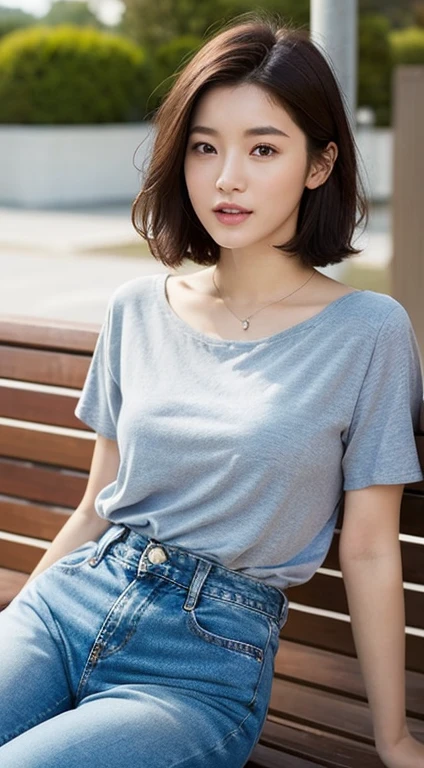 (top-quality、hight resolution、masterpiece:1.3)、A tall and pretty woman、Slender figure beauty、Slender abs、huge tit、(dark brown short hair)、Wearing a short jumpsuit with jeans、Sitting on a bench、Details exquisitely rendered in the face and skin texture、A detailed eye、二重まぶた、a blond、细致背景