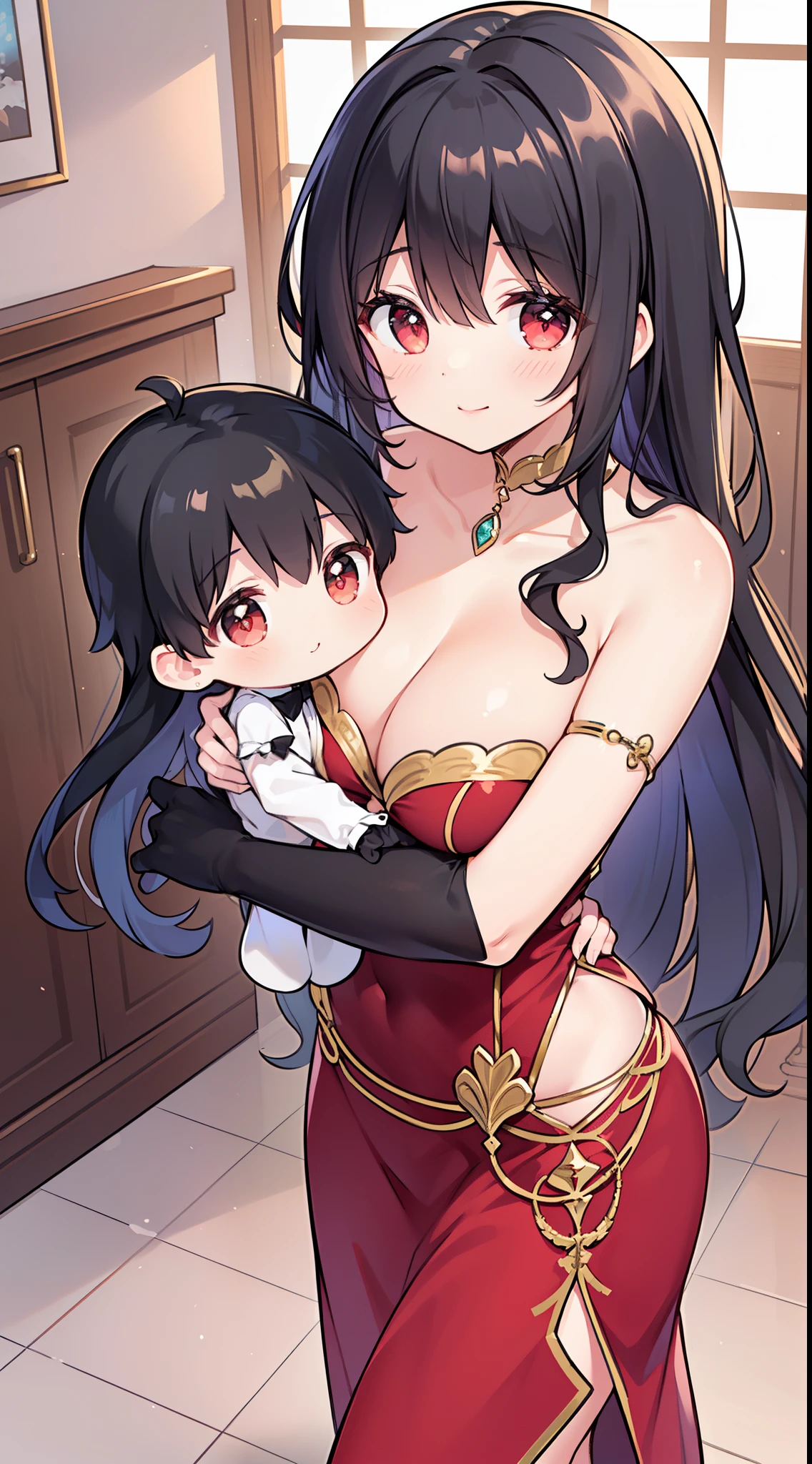 Third person perspective, 1girl, (wearing beuatiful and glamorous dark red gown showing bare shoulder and voluminous wavy skirt with black long string gloves, showing great affection to viewer:1.5), (gentle housewife, tiny figure, petite and short figure, perfect woman, cleavage, mature aura:1.4), (masterpiece, best quality, HD Pictures:1.1), very long hair, bangs, gentle look, gentle smile, gentle eyes, mature looking, pinkish cheeks, very detailed eyes, very detailed pupils, very detailed ridiculously long black hair, detailed face, detailed ruby red eyes, detailed long black hair, (look up to viewer asking for hug:1.3), background marvelous glamorous and elite castle party, ((tangan dijulurkan ke arah penonton dan pose ingin memeluk suami))