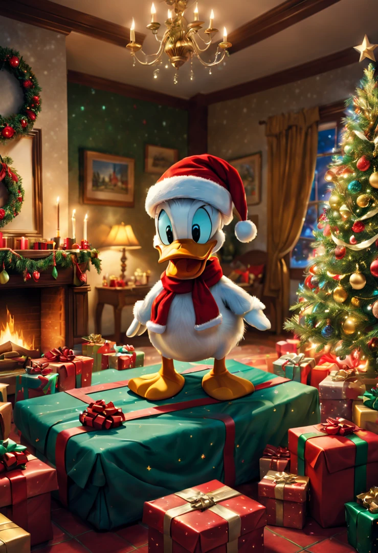 A Christmas scene with Donald Duck in an elaborately decorated room, surrounded by colorful presents and a beautifully decorated Christmas tree. The room is filled with the warm glow of fairy lights and candles, creating a cozy atmosphere. Donald Duck is wearing a Santa hat and a red scarf, adding to the festive feel. The presents are wrapped in shiny  with bows and ribbons, creating a sense of excitement and anticipation. The Christmas tree is adorned with ornaments, tinsel, and twinkling lights, creating a magical ambiance. The colors in the scene are vibrant and cheerful, with a mix of red, green, gold, and silver. The lighting is soft and diffused, casting a warm glow on the surroundings. The artwork is created in a medium of digital illustration, ensuring high-quality and detailed visuals. The image is of the best quality, with rich details and a realistic and vivid appearance. The prompt for this Christmas scene with Donald Duck is: "Donald Duck in a festive room filled with colorful presents and a beautifully decorated Christmas tree, wearing a Santa hat and a red scarf, surrounded by warm fairy lights and candles, in a medium of digital illustration, with vibrant colors and a soft, diffused lighting."