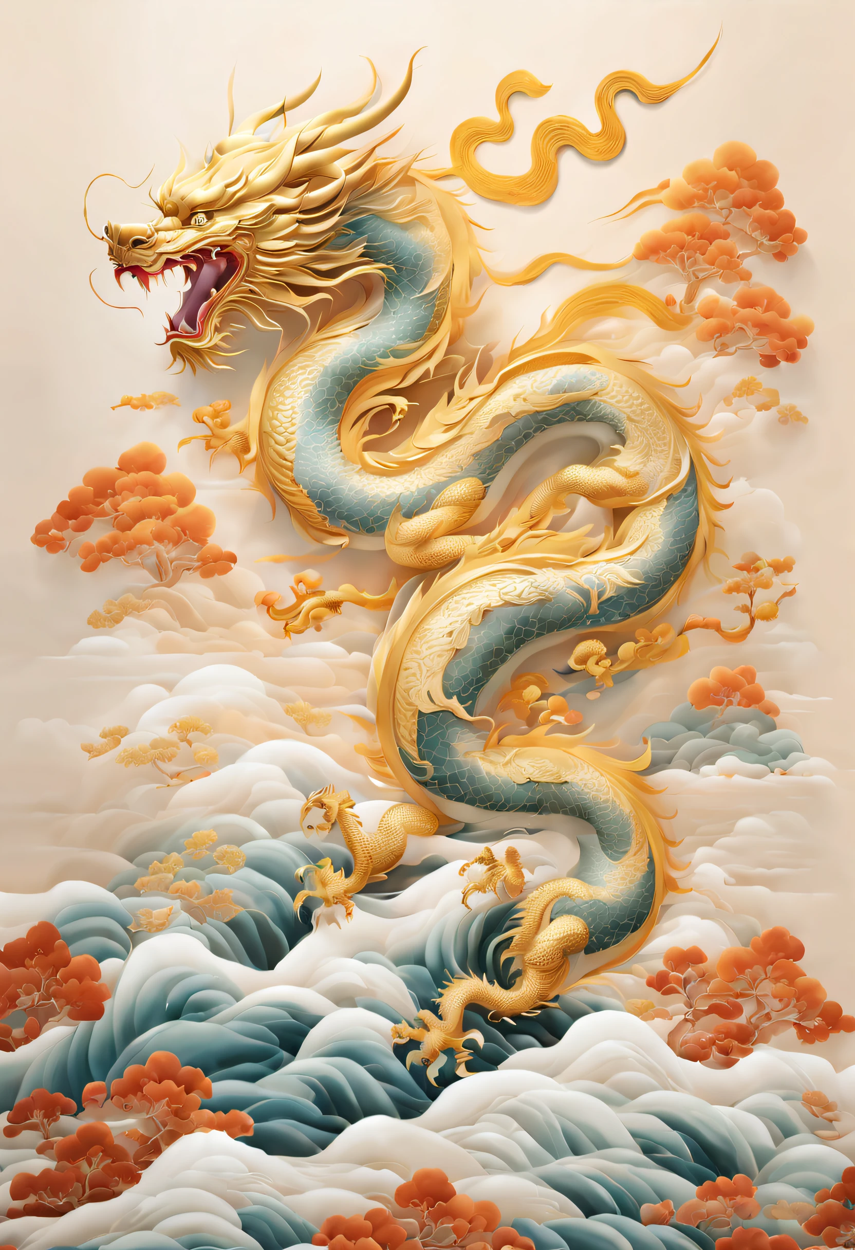 embroidery，Three-dimensional embroidery，（Photos of Tiansu embroidered gold silk flying dragon），Embroidered with auspicious clouds and waves all around, Ink gradient dyeing，golden effect，Depth of field composition，minimalist white space，chenjialing，dazzling light and shadow，Oriental charm，SLR camera，The sheen，Reflective，cellshading，llight rays，8K，Colors blend more naturally，Ye Ruikun，Rock painting：similar color combinations，Pan Tianshou&#39;Colorful gemstones、Ink texture matte、Zao Wou-ki，Wu Guanzhong