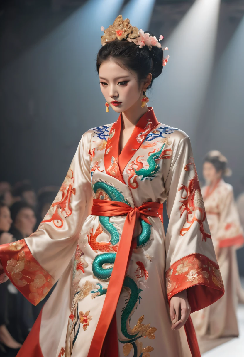Embroidered robes,dragon embroidery,Chinese clothing design,Silk fabric,catwalks,