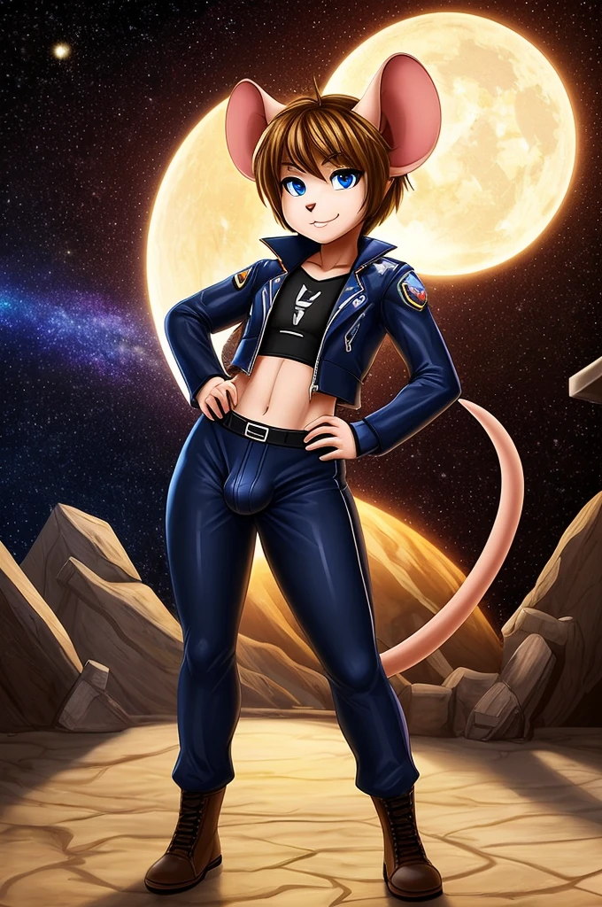 Mouse boy, hide ears, very feminine features, thin lithe feminine body, very small chest, pixie-cut hair, mouse ears, mouse tail, blonde-brown hair and blue eyes, Dressed in orange and black sci-fi leather pilot suit, cropped jacket, tight shirt, very large bulge in pants.  ((masterpiece)) (best quality, masterpiece)
Setting: Space station