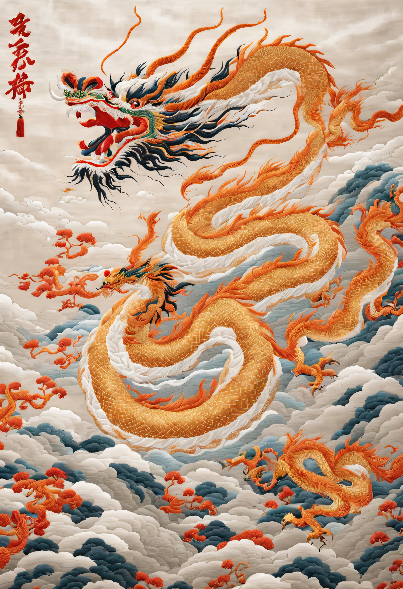 ( Embroidery works)，The slender and agile flying dragon is in the sky，Background with：Auspicious clouds，squirtle，Traditional Chinese colors，low-saturation，Level composition，Leave blanks，（silver thread，Glowing silk thread，silk thread texture，Delicate needlework，bright，The sheen） embroidery，New Gongbi，chenjialinatte texture，Ye Ruikun，dazzling light and shadow，Song Huizong，