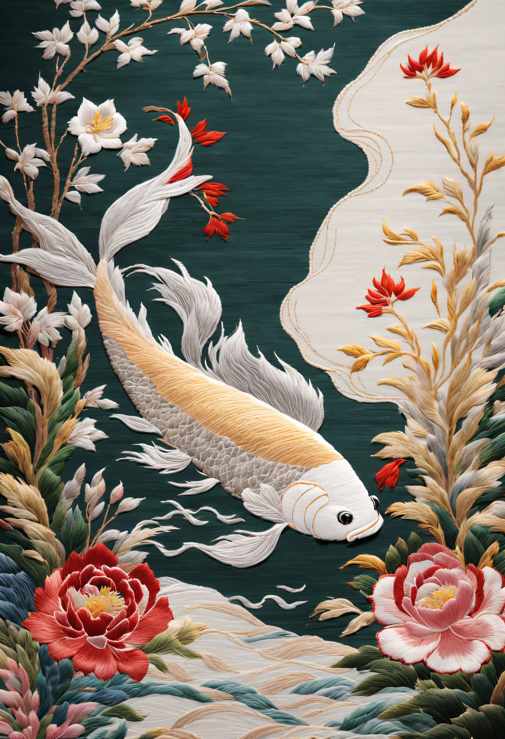 ( Embroidery works)，The fish is slender and agile，Background with：a plant，squirtle，Traditional Chinese colors，low-saturation，Level composition，Leave blanks，silver thread，Glowing silk thread，silk thread texture，Delicate needlework，bright，Glossy Suzhou embroidery，New Gongbi，chenjialinatte texture，Ye Ruikun，dazzling light and shadow，Song Huizong，