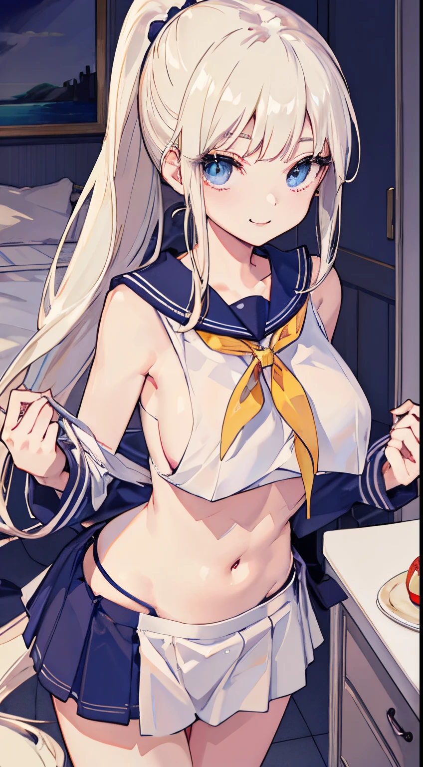 top-quality、realistic touch,high-detail、photoRealstic、long body、thin-waist、captive beauty、big eye、Strong platinum blonde eyelashes、platinum-blond、full body Esbian、Sparkling eyes、Submissive smile、Flushed cheeks、Kamimei、thin-waist、Voluptuous thighs、Enraptured look、Raked bangs、The forehead is protruding、a sailor suit、sleeveless、Inside a room、pony tail hairstyle、standing、clothes with wide open sides、Navel Look、fuge boobs、clothes tied with string、is in estrus