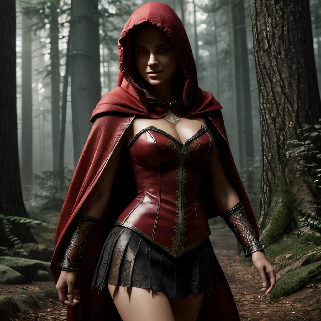 Gorgeous and beautiful smiling Ridinghood with long hair wearing an intricate and detailed short red dress showing legs, red high heels red cape red hood, walking in the woods, full body image, Photorealistic, Cinematic, Hyperrealistic, hyperdetailed, splash art, intricately detailed, color depth, colorful background, a masterpiece, 8k resolution, dark fantasy concept art, dynamic lighting, trending on Artstation, deep color, volumetric lighting