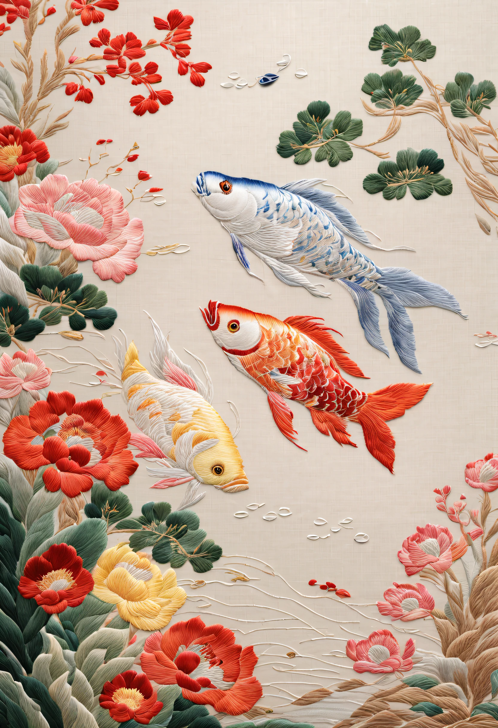 ( Embroidery works)，The fish is slender and agile，Background with：a plant，squirtle，Traditional Chinese colors，low-saturation，Level composition，Leave blanks，silver thread，Glowing silk thread，silk thread texture，Delicate needlework，bright，Glossy Suzhou embroidery，New Gongbi，chenjialinatte texture，Ye Ruikun，dazzling light and shadow，Song Huizong，