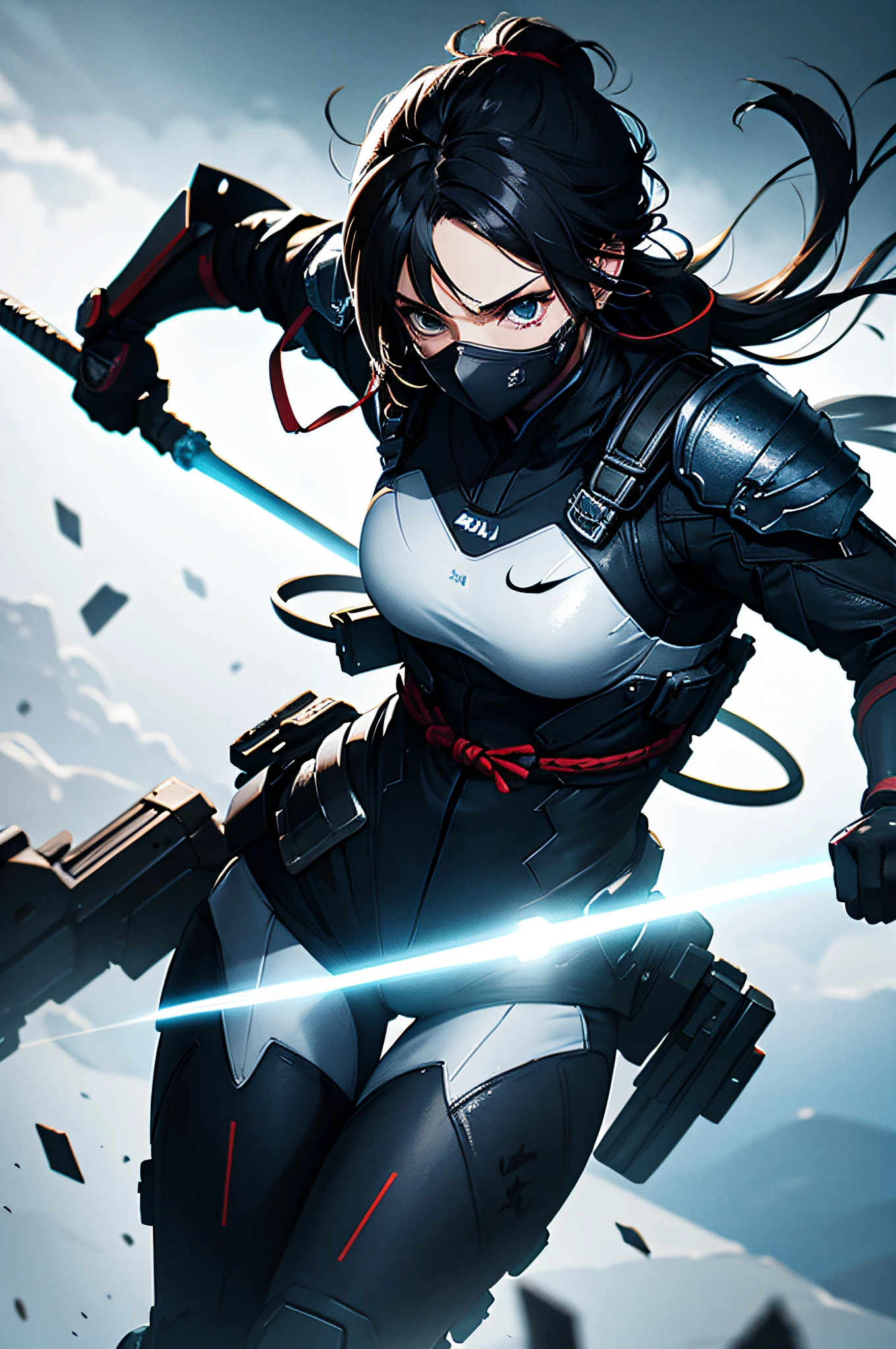 splatter paint style, yoji shinkawa art style, female ninja wearing light clothing and light armor floating in the air with spectral limbs