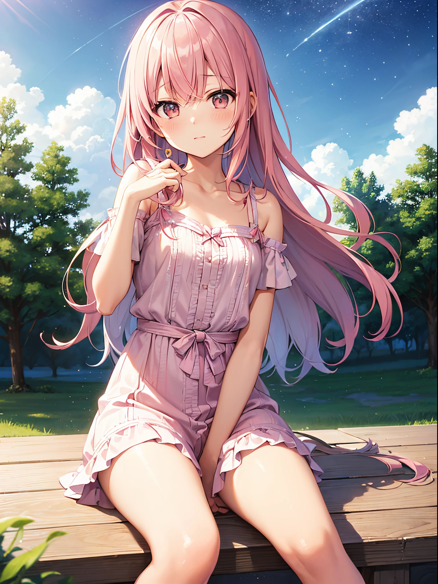 One girl、Pink hair、PastelColors、Cute、blush, tiny chest, octans, sky, star (sky), scenery, starry sky, night, 1girl, night sky, solo, outdoors, signature, building, cloud, milky way, sitting, tree