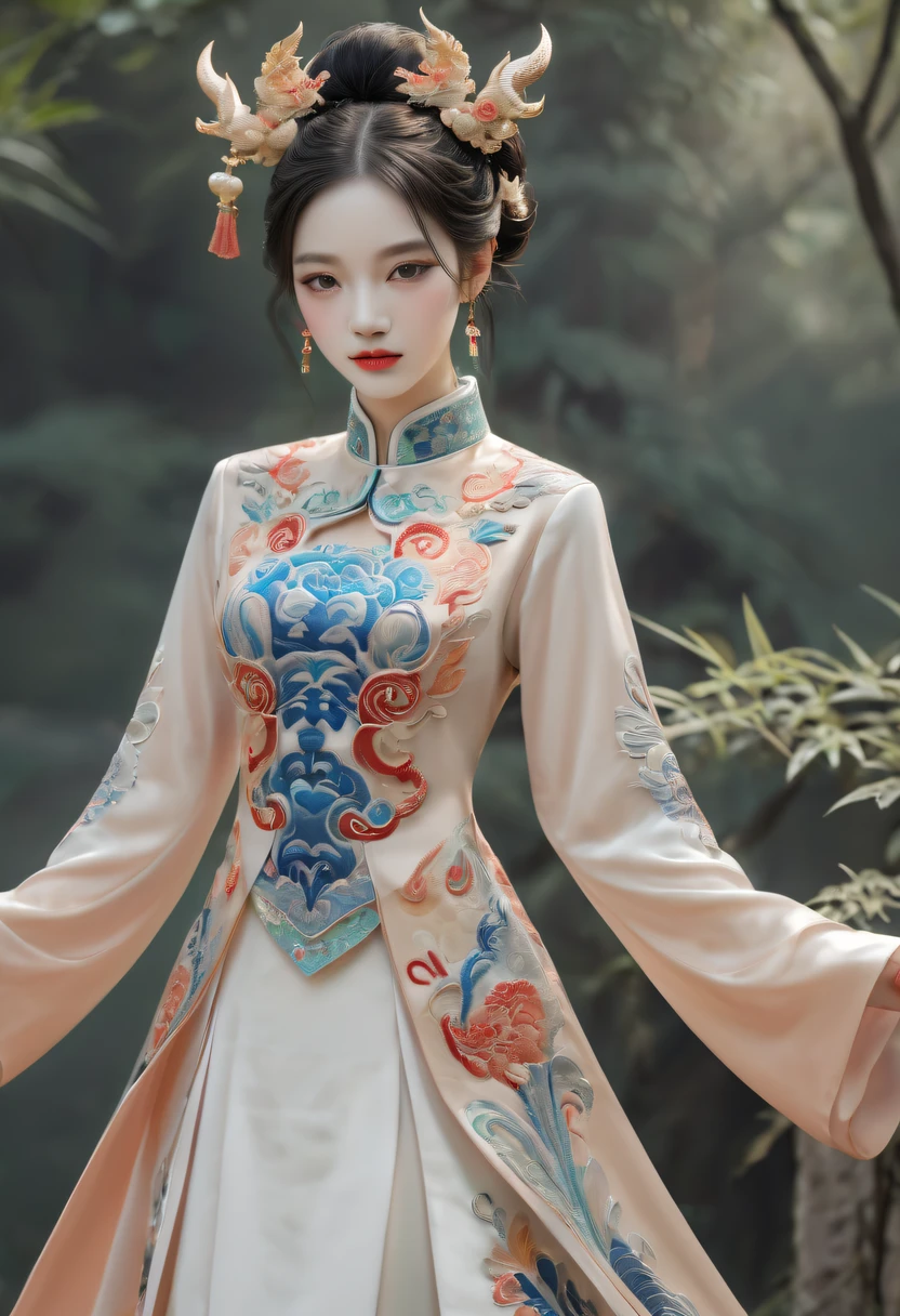 Draw an embroidery work,dragon embroidery,Chinese clothing design,Silk fabric,Symmetrical style,Full body queen