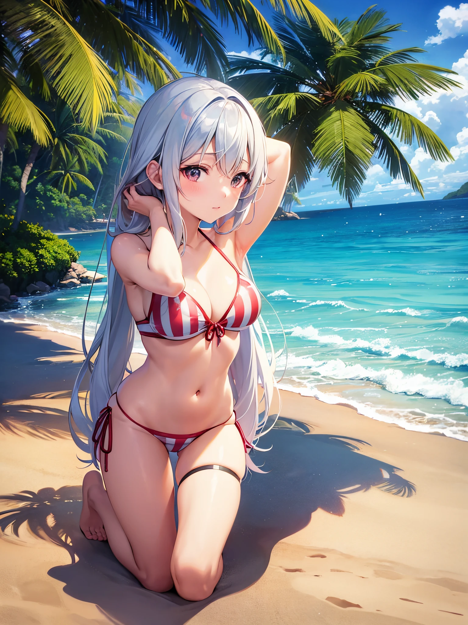 anime girl in a bikini on the beach with her hands on her head, seductive anime girl, kantai collection style, in the beach, at the sea, realistic bikini, smooth anime cg art, ecchi, at the beach, (anime girl), on a sunny beach, beautiful anime girl, beautiful alluring anime woman, swimsuit, attire: bikini