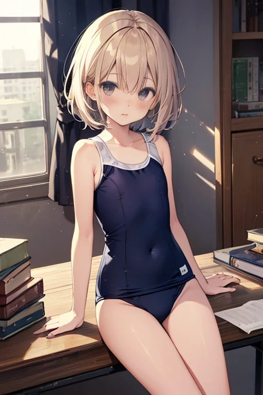 high-level image quality、top-quality、Detailed drawing、Does not blush cheeks、Slender Beauty、Sailor School Swimsuit、Small eyes、Smaller chest、Inner thigh-sitting、Petanko sitting、Bery short hair