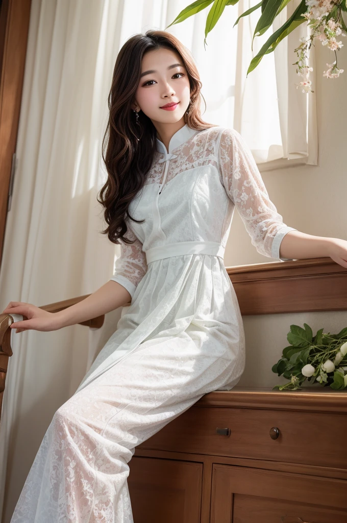 VN01 Girl, 1girls, smile, Aodai White, Photo Art, floral, Beautiful photos with beautiful saturation, ultra-high resolution,(Realistic:1.4)),Deep Shadows,(bestquality, masterpiece), pale skin, dim lighting, shade, inconvenient, Blush, high-detail, skinny, BREAK depth of field, grain of film, Wrinkled skin, looking at the audience, knee, A warm smile, (Whole body), masterpiece,ultra realistic,10,extremely detailed cg unity 8k wallpaper, bestquality, Lace fabric,