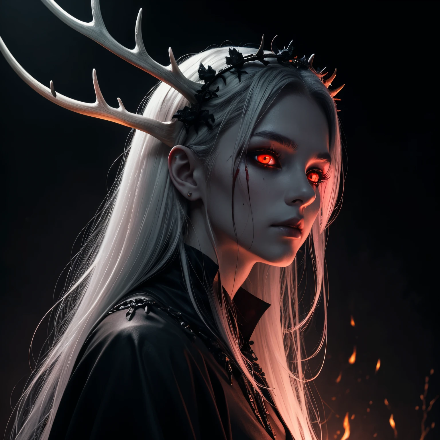 dark, unholy, evil, astral, creepy style, undead, rotting skin, mystical, nice perfect face with soft skin, young beautiful girl portrait on fire, from side, white smoke, mist, night, black clothes, long white hair, antlers, glowing red eyes, light red glow, fire