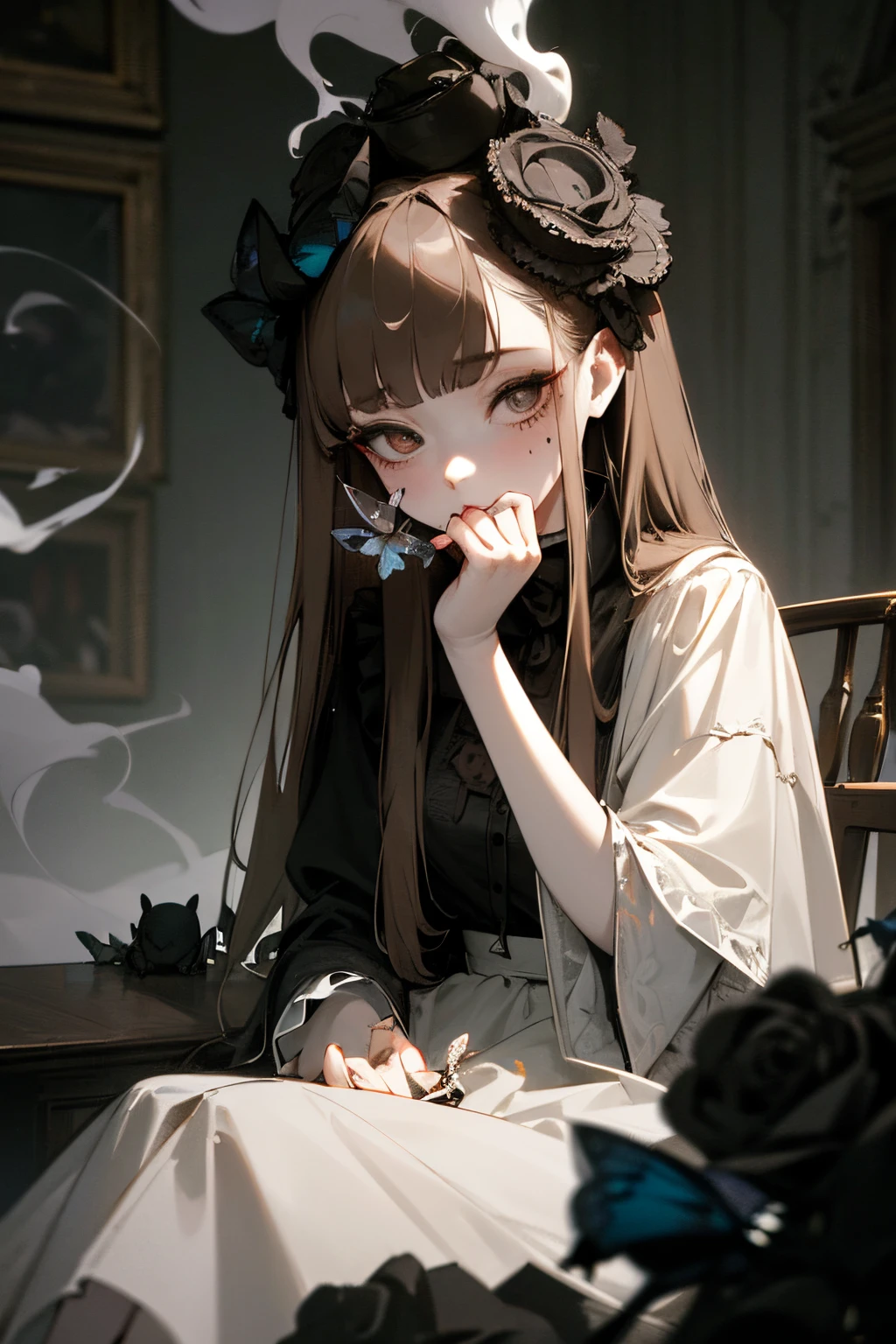 ((Masterpiece)), 1girl, girl, blunt bangs, feminine, mole, pale brown hair, silky straight hair, muted colors, monochrome, pale skin, ((makeup goth)), cute, lipstick, night, ((Black roses on head)), ((smoke)), (blowing smoke), indoors, Hair over eyes, 3d, (bell), (((more bugs))), scenery, cracked skin, glowing cracks, fractured skin, broken skin, antique doll style, dark white, (hollow eyes), desserts, closed mouth, sitting, Weirdcore, ruins