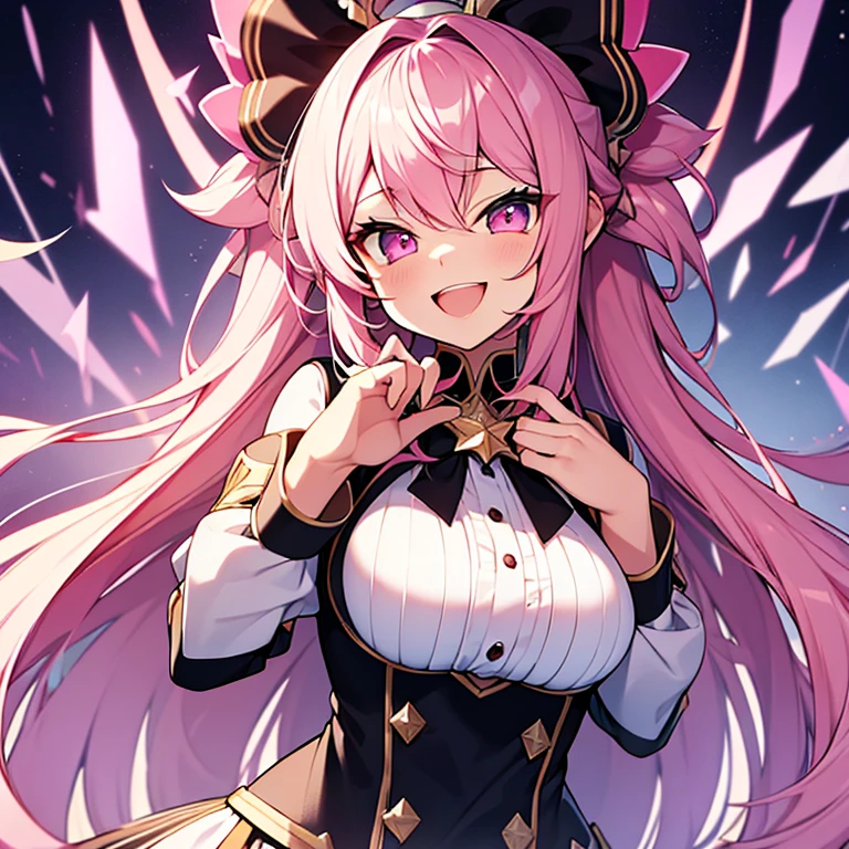 chest out, absurdres, superfine illustration,rainboweffect, highres, ultra detailed,light diffusion,highly detailed light reflection, kaleidoscope, harmonious, best shadow, highly detailed very beautiful big smile face, ;D, beautiful growing crystal diamond star pupil,look at viewer, beautiful detailed hair, solo, dynamic pose, beautiful detailed pink and black ribon, beautiful detailed High school uniform, Fantastic and the whole shines and shooting star and the wind is strong in detail background